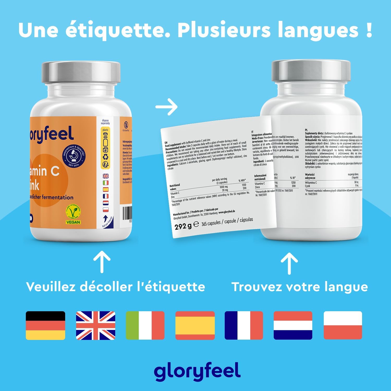 Detalle 2 de Vitamine C + Zinc 365 gélules (1 an) — ascorbate de calcium & citrate de zinc, adulte