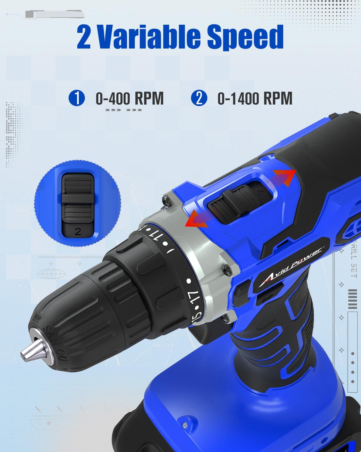 Detalle 1 de AVID POWER 20V Cordless Drill Set, 2-Speed, 3/8-Inch Keyless Chuck