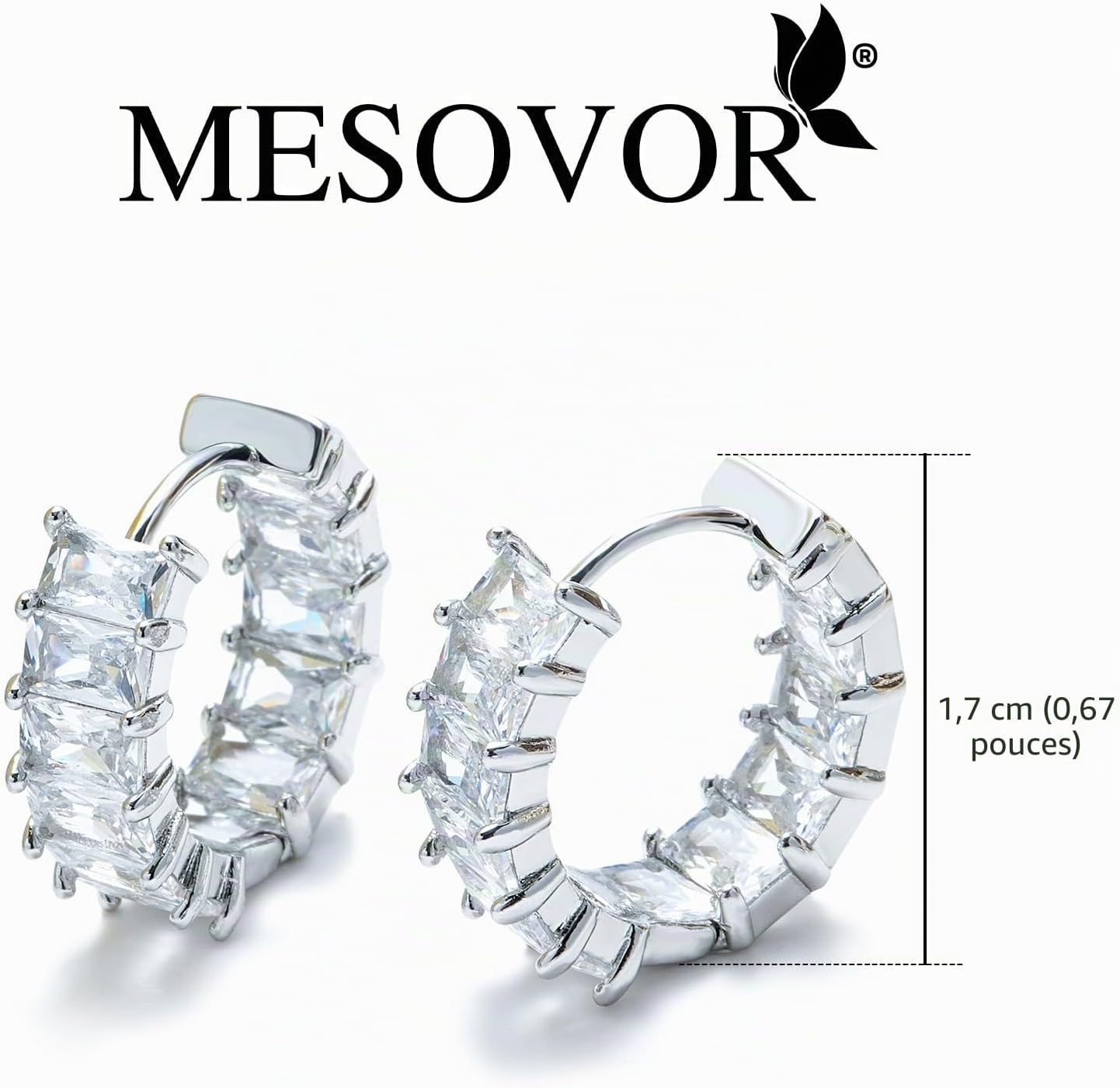 Detalle de Mesovor Boucles d’oreilles créoles argent avec zircone cubique (huggie hoops) pour femmes et filles