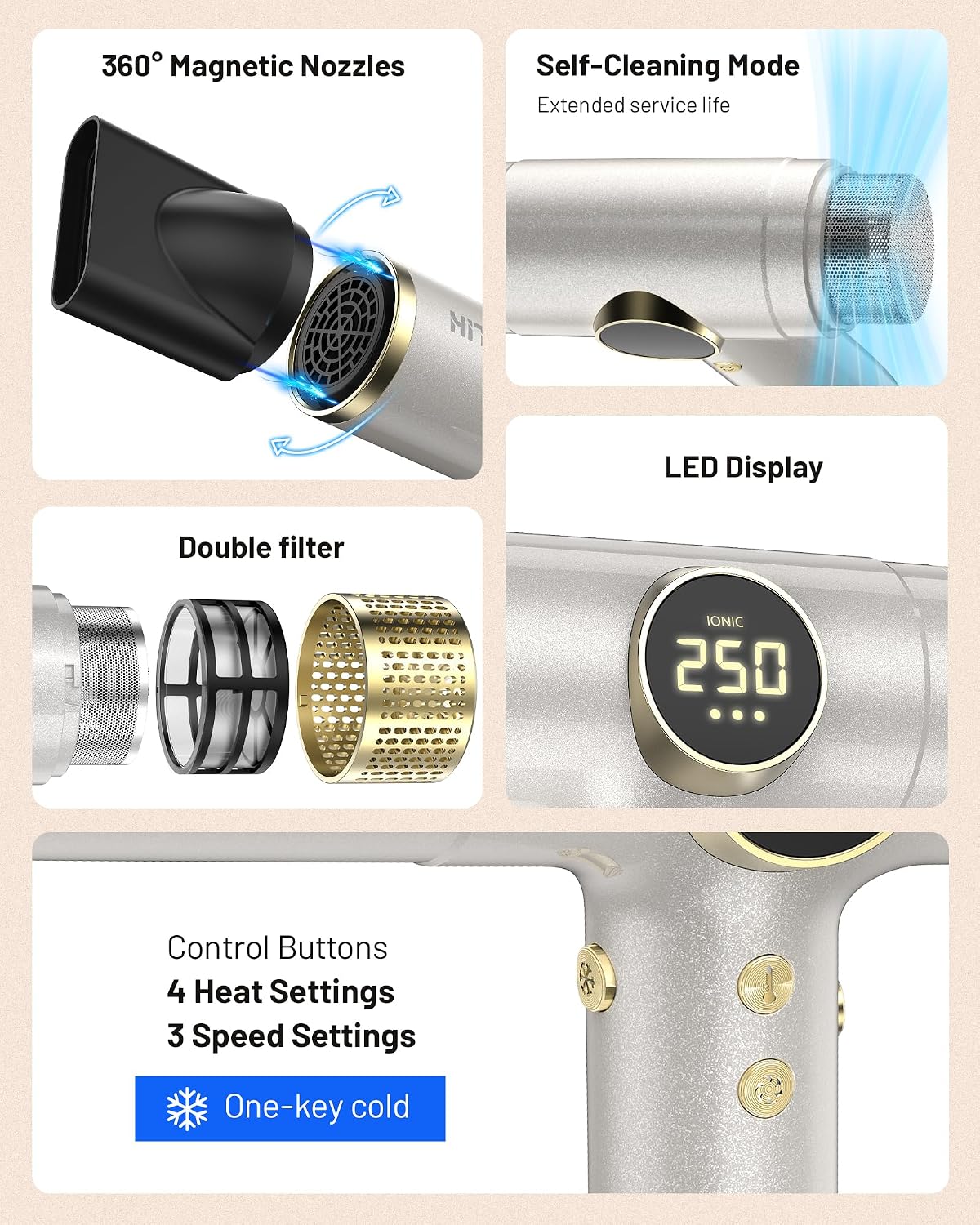 Detalle de Dual Voltage Travel Hair Dryer Ionic Blow Dryer 2000W – Compact, Lightweight, and Quiet for Global Use