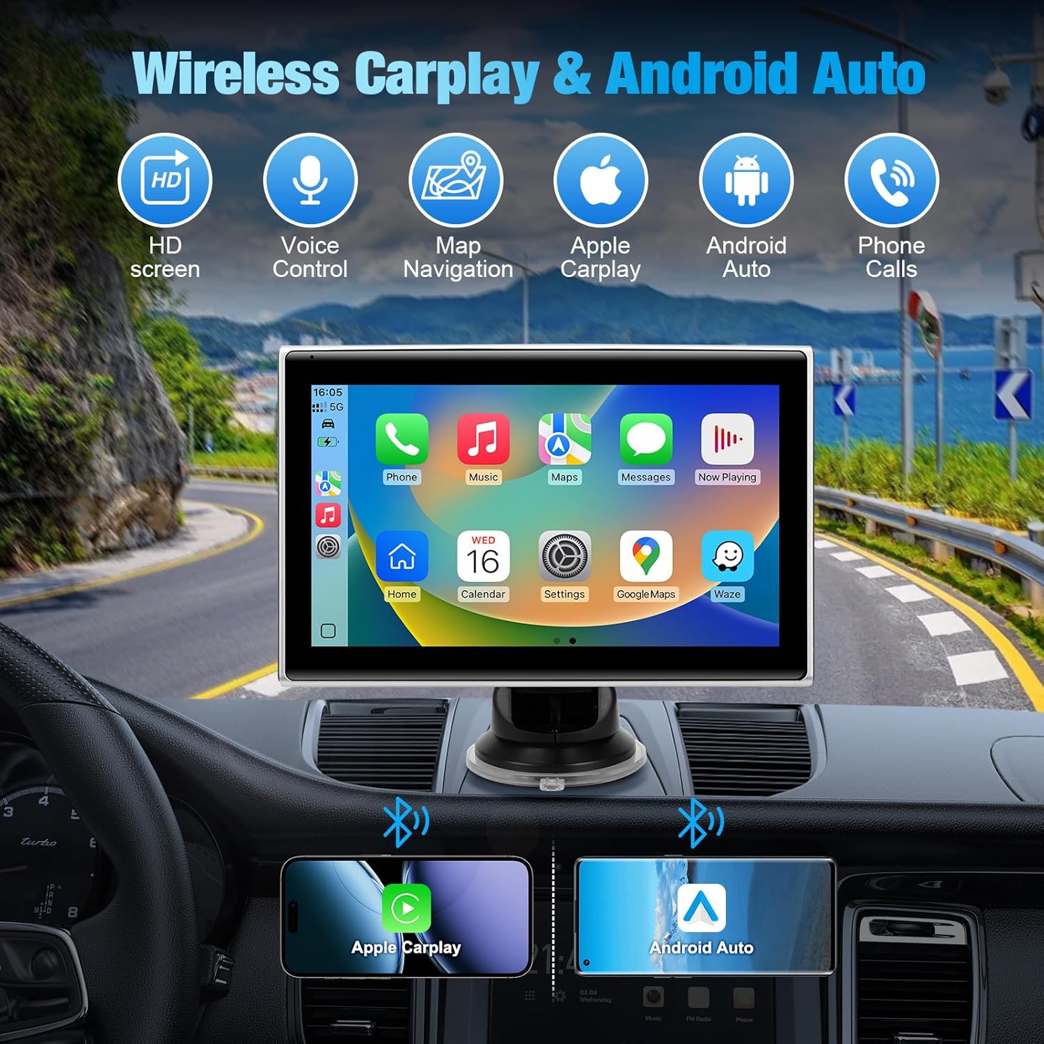 Thumbnail 1 de 7-Inch Portable Wireless CarPlay Screen for Car – Wireless CarPlay/Android Auto, HD Touch Display with GPS, Voice Control, and Mirror Link