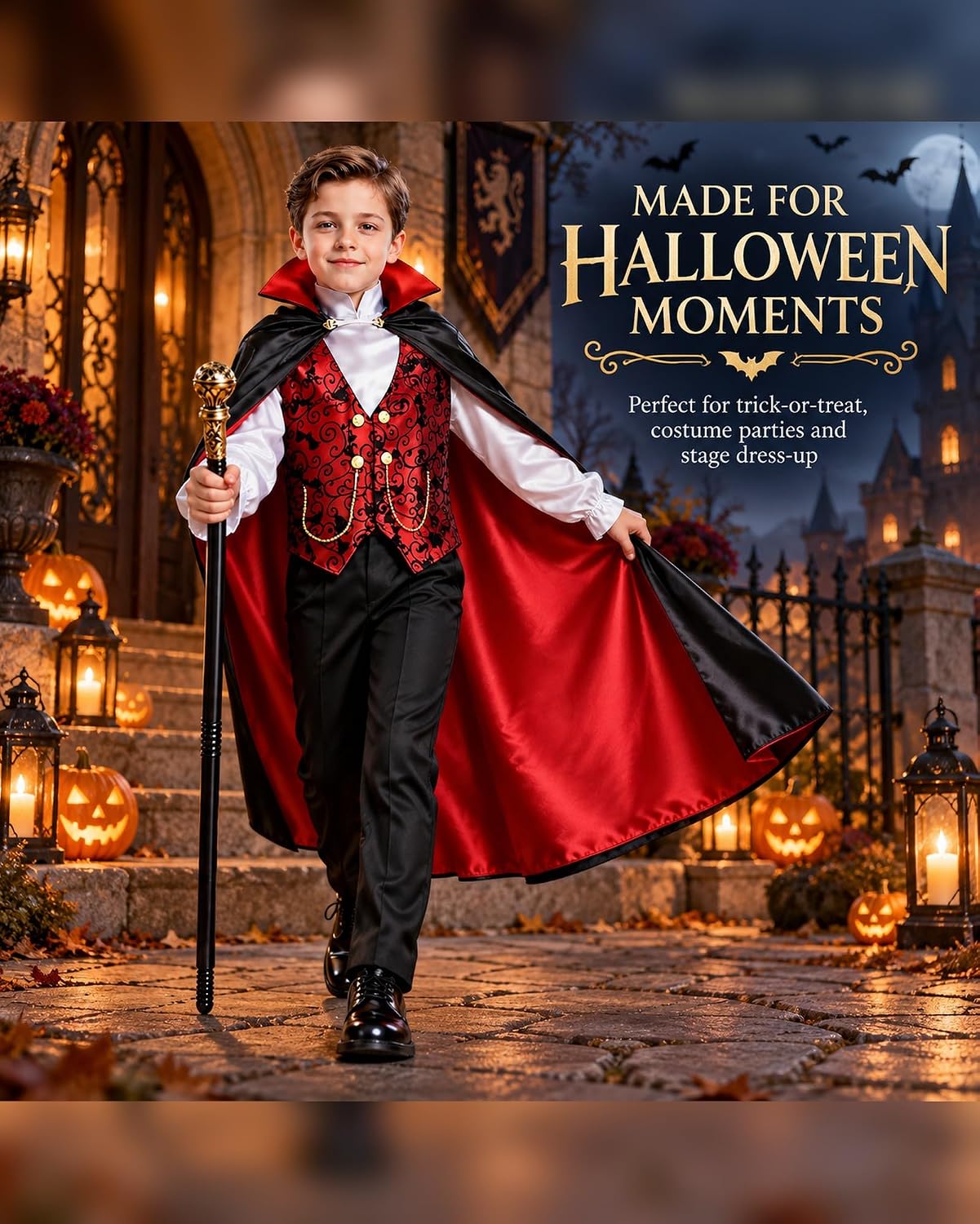 Thumbnail 4 de BLmukce Boys Vampire Costume Set with Cape, Shirt, Pants and Cane