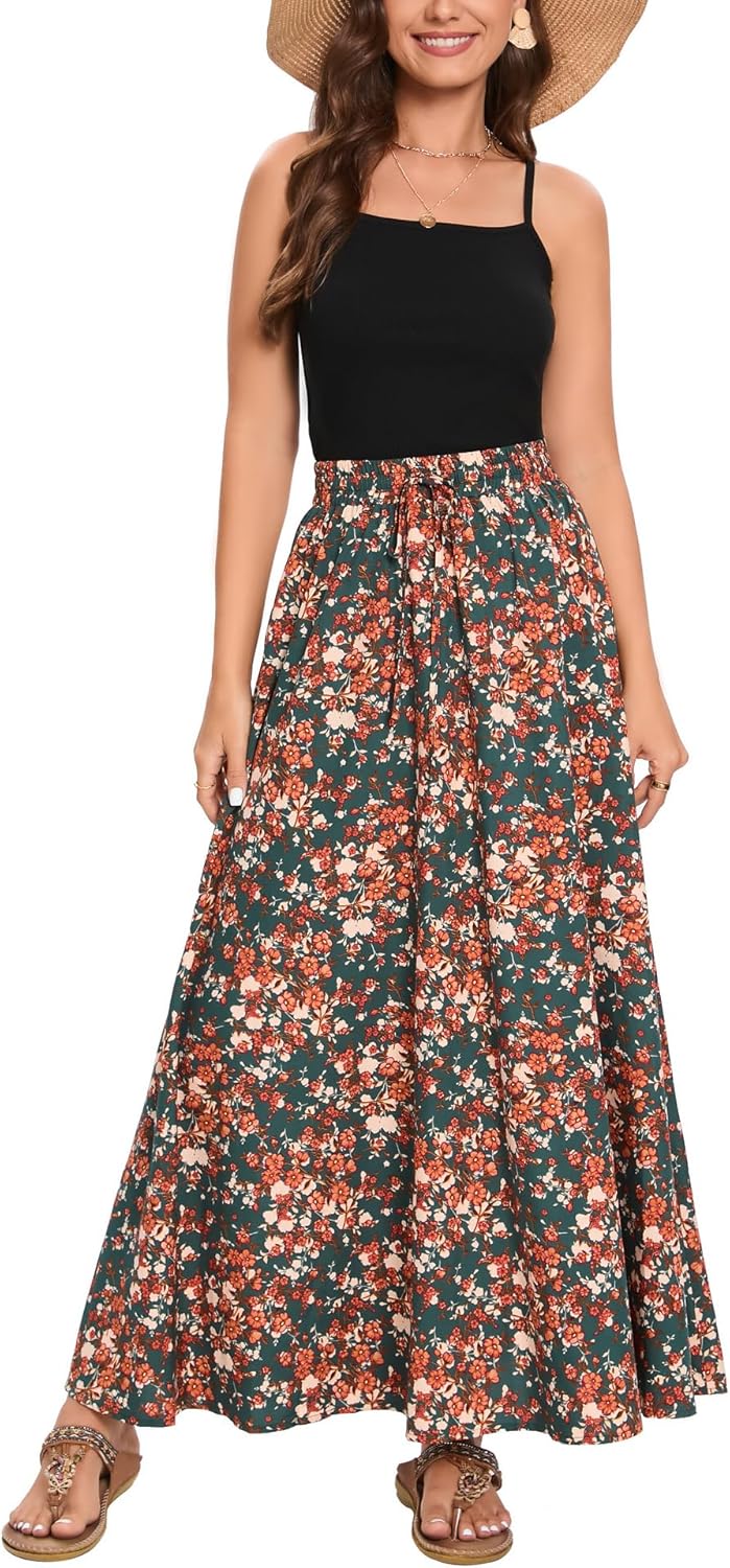 Detalle 2 de Bluetime Women Flowy Long Skirts – Pleated Elastic High Waist Maxi for Summer