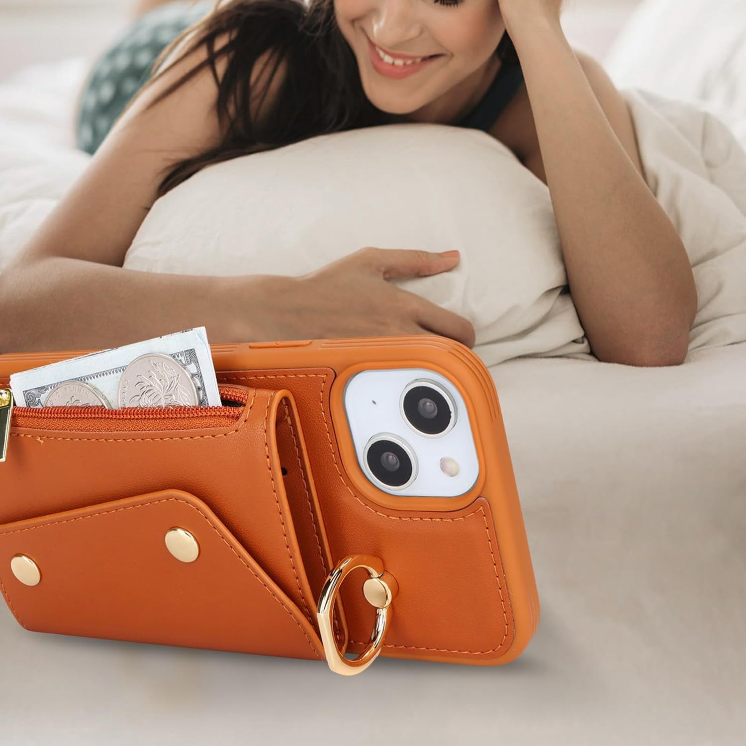 Detalle de Zouzt iPhone 15 Plus Case with Card Holder, Zipper Wallet & Strap – PU Leather Brown