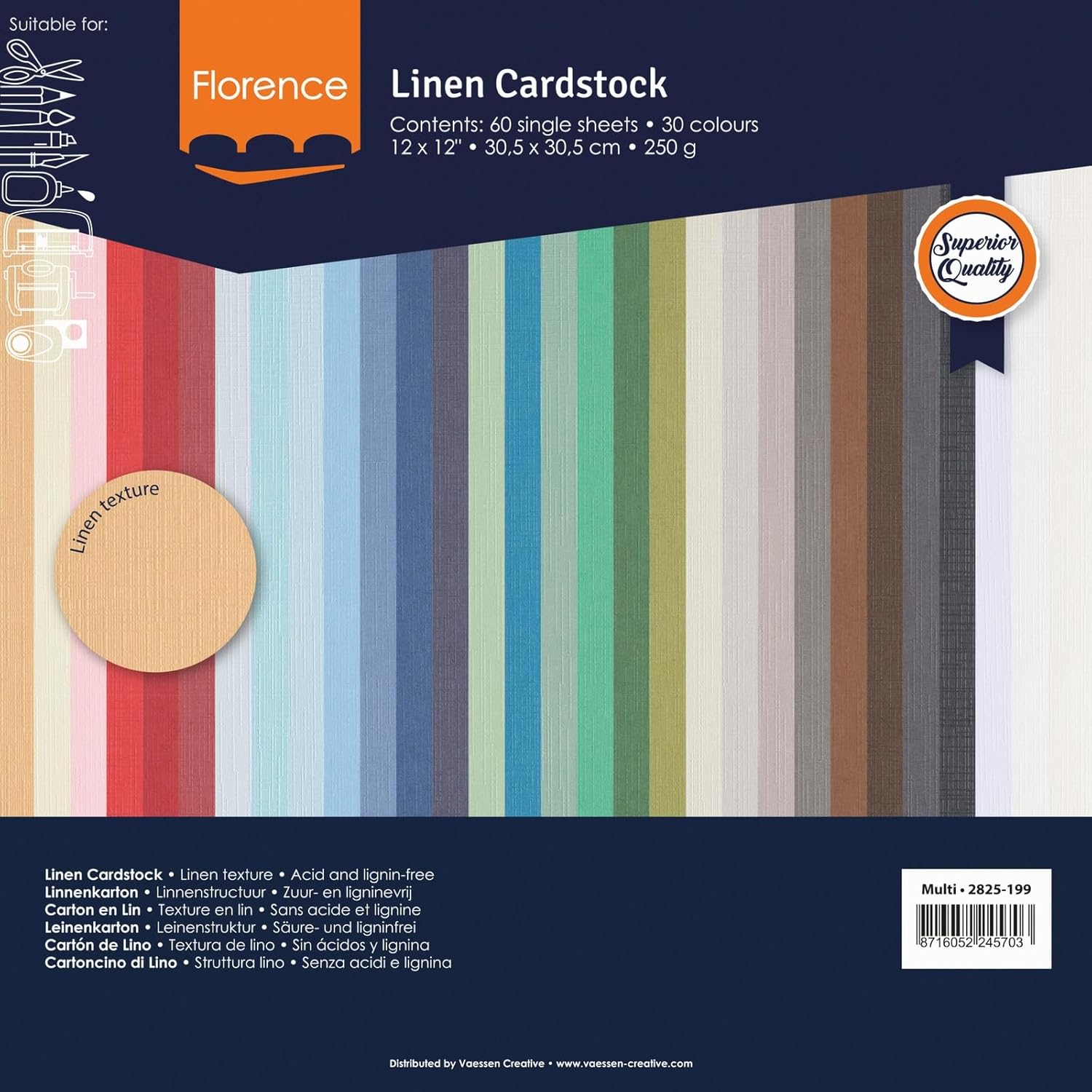 Thumbnail 4 de Florence Papier Cartonné en Lin – 30,5 x 30,5 cm, 250 g, Assortiment 60 feuilles en 30 couleurs – Vaessen Creative