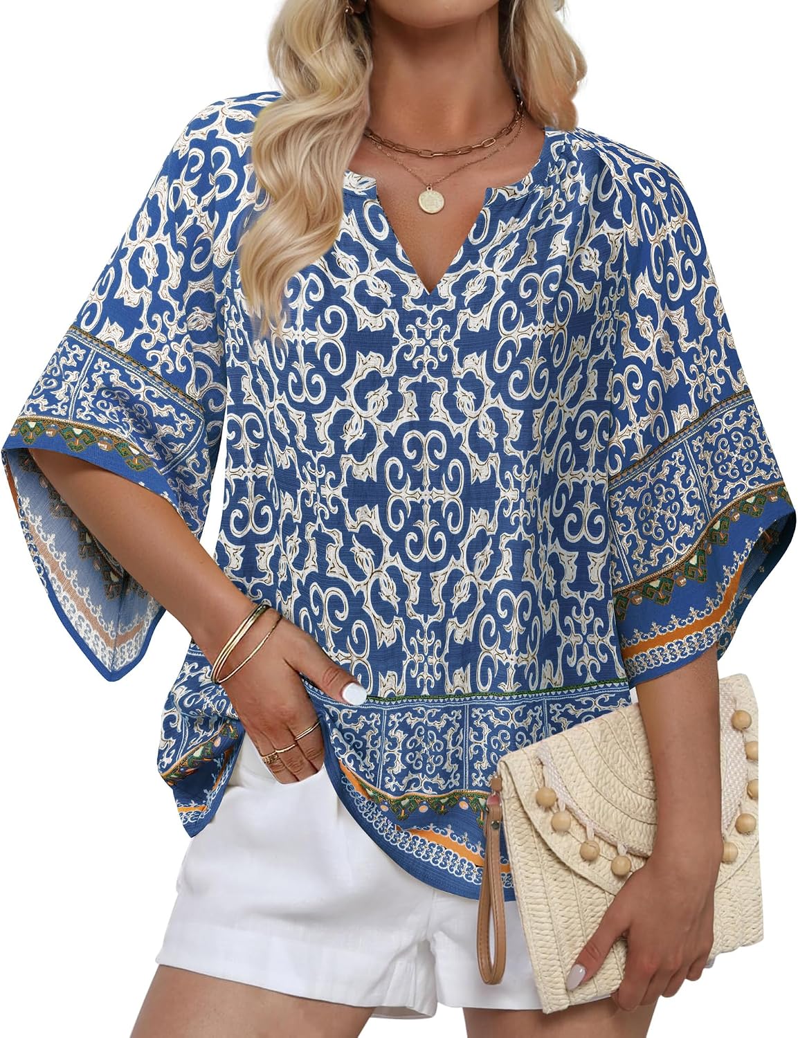 Detalle de Bebonnie Women's 3/4 Sleeve V-Neck Bohemian Peasant Blouse