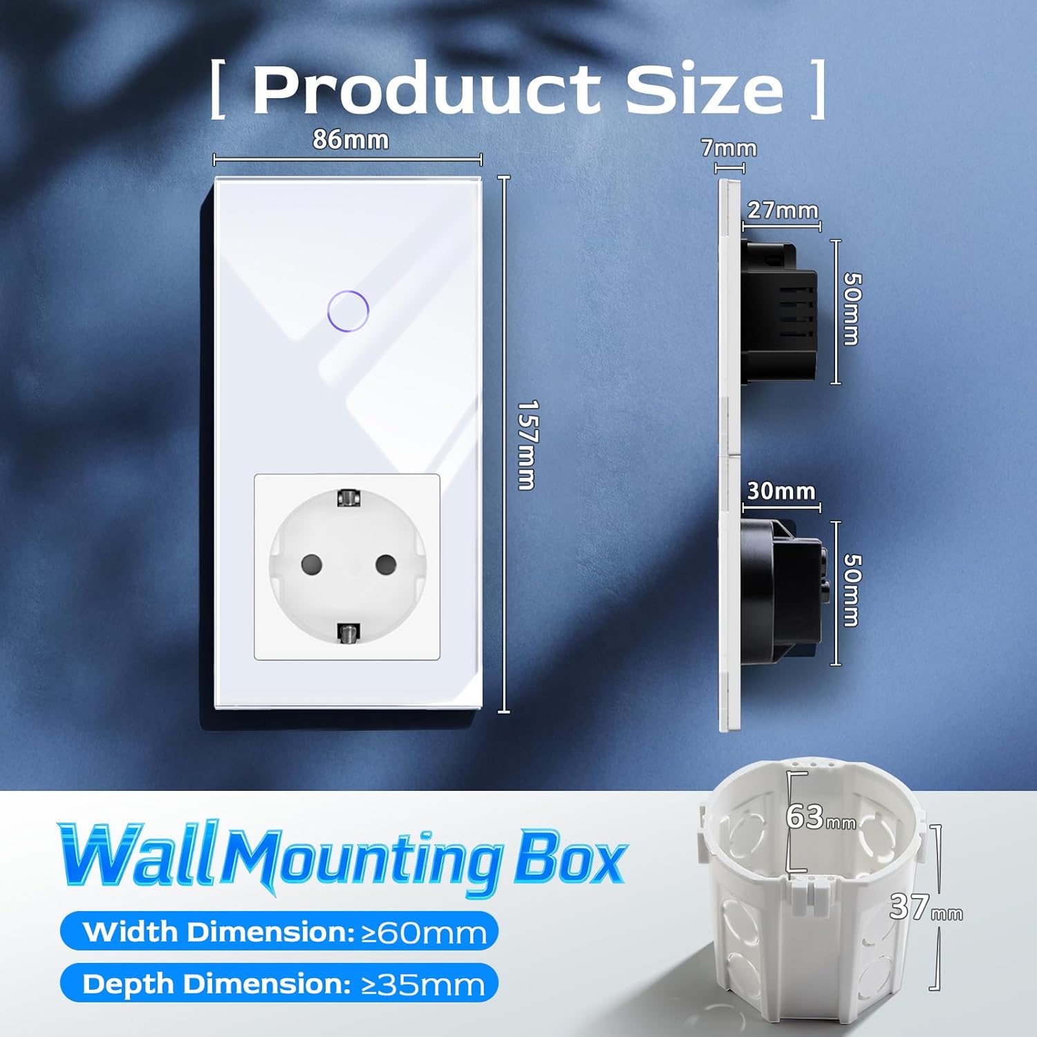 Thumbnail 1 de BSEED Touch Lichtschalter mit Steckdose (1-fach, 1-Weg) Unterputz, mit LED-Anzeige, Glasrahmen, weiß