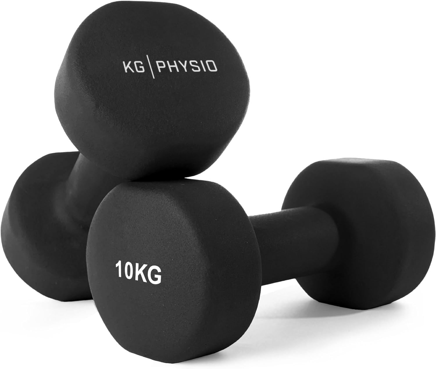 Detalle de KG PHYSIO Weights Dumbbells Set (1–10 kg) – Neoprene-Coated Anti-Roll Dumbbell Pair with A3 Exercise Poster