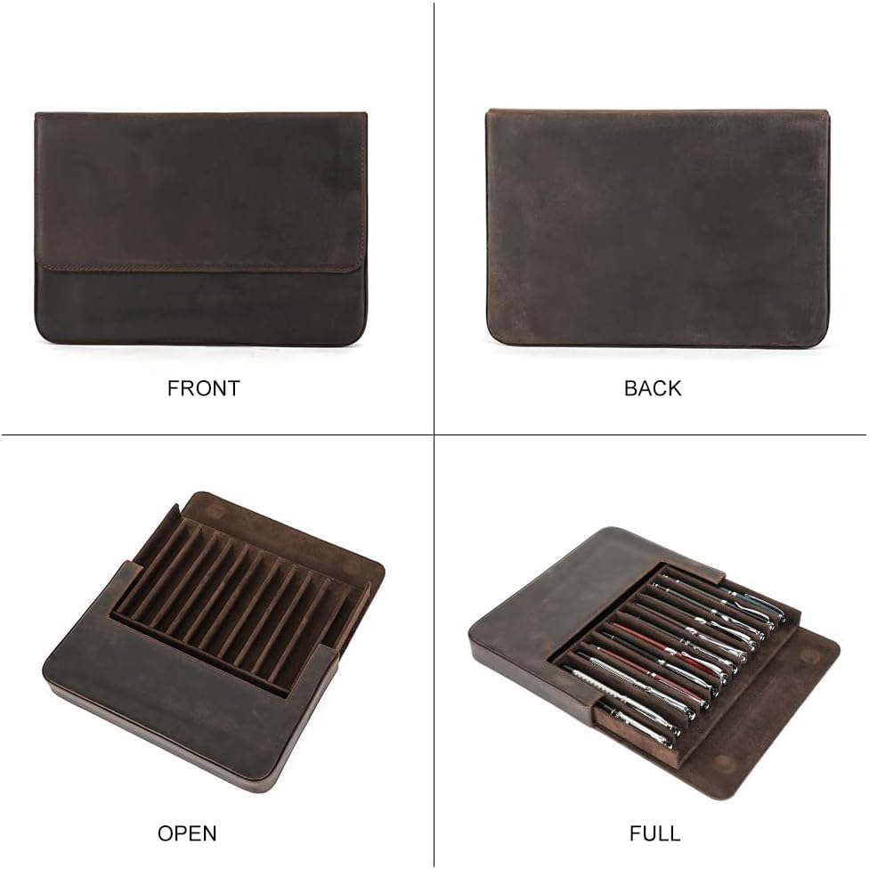 Detalle de Hiram Leather 12-Pen Box: Portable Leather Pen Case with Hidden Magnetic Closure (Coffee)