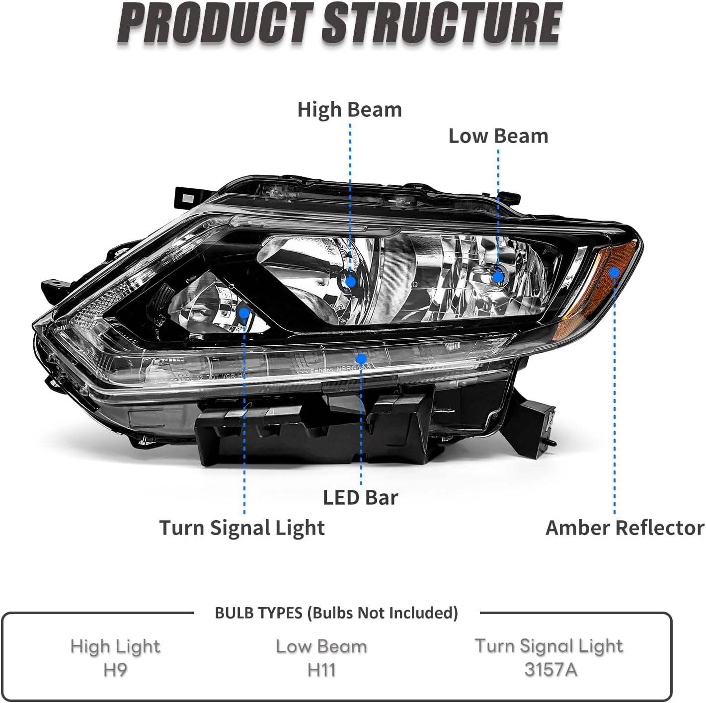 Thumbnail 2 de ADCARLIGHTS Headlight Assembly for 2014-2016 Nissan Rogue – Clear Lens, Black Housing (Left & Right) with Amber Reflector