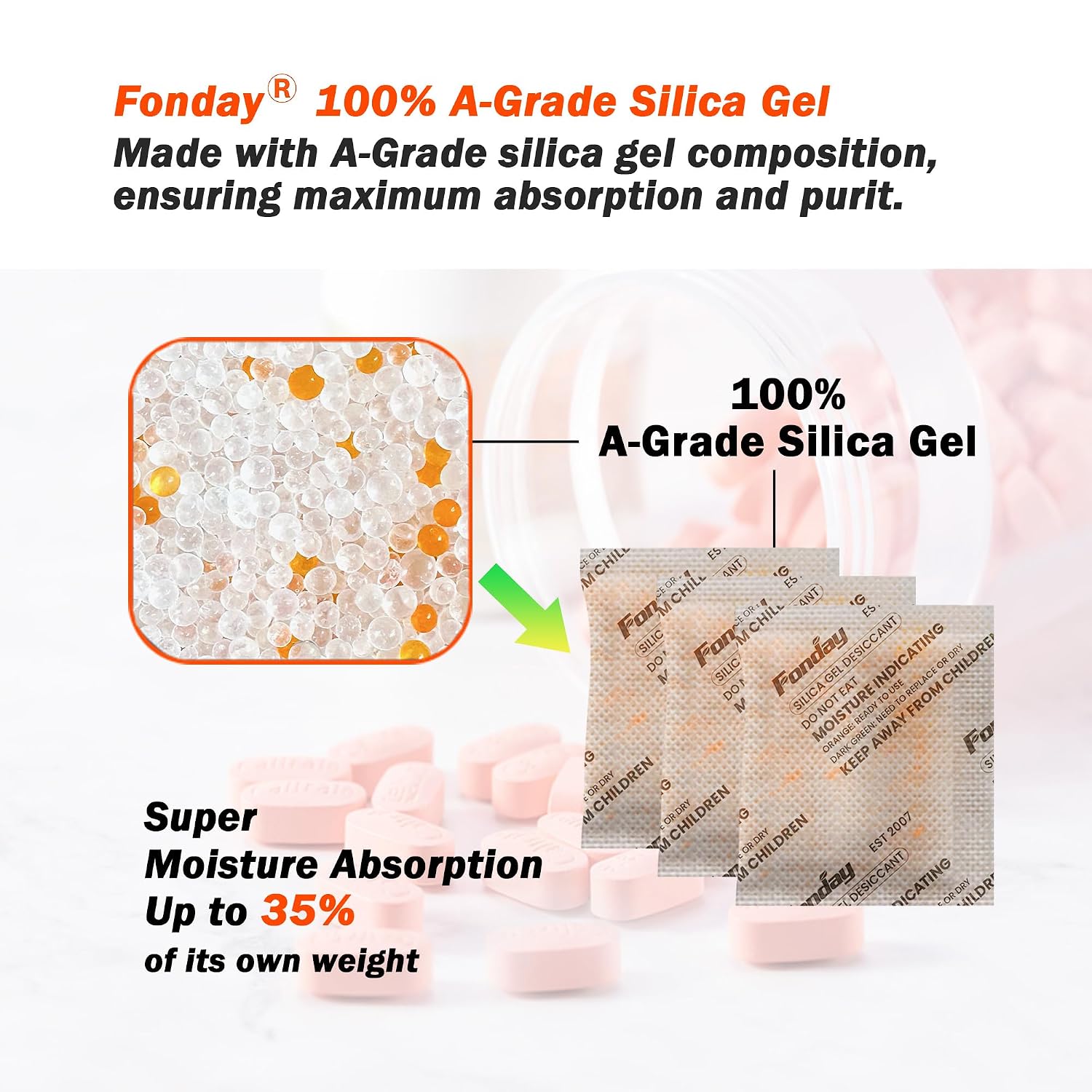 Detalle 2 de Fonday 50 g Silica Gel Desiccant Packs, 6-Pack, Colour-Indicating and Reusable