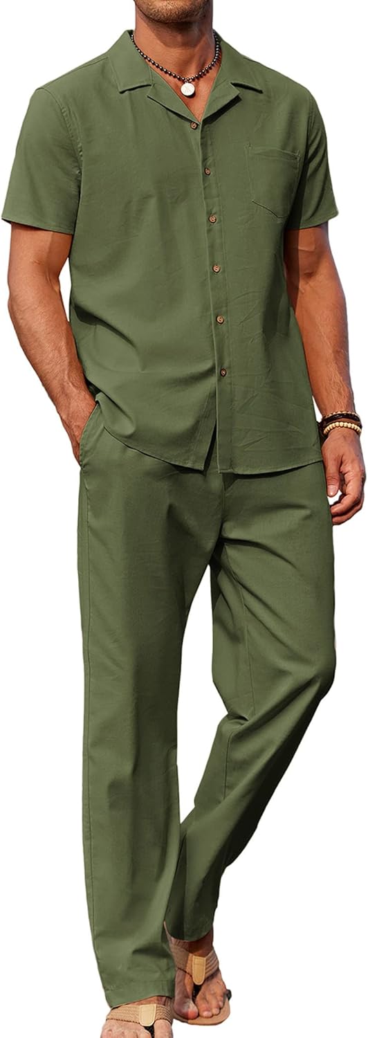 Thumbnail 6 de COOFANDY Men 2 Piece Linen Outfit: Beach-Ready Button-Down Shirt & Relaxed Pant Set
