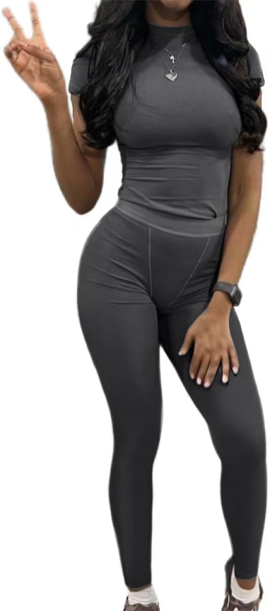 Thumbnail 6 de AYWA Two Piece Outfits for Women: Fitted Crew Neck T-Shirt & High Waist Leggings Set