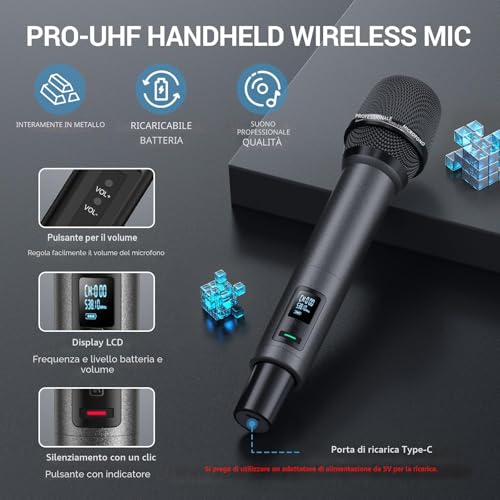 Detalle de TONOR TW550 sistema microfonico wireless UHF ricaricabile con scansione automatica