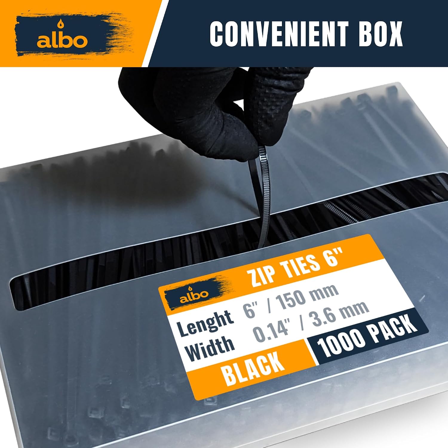 Detalle de Albo 6-Inch Black Nylon Zip Ties, UV-Resistant, Self-Locking, 40 lb