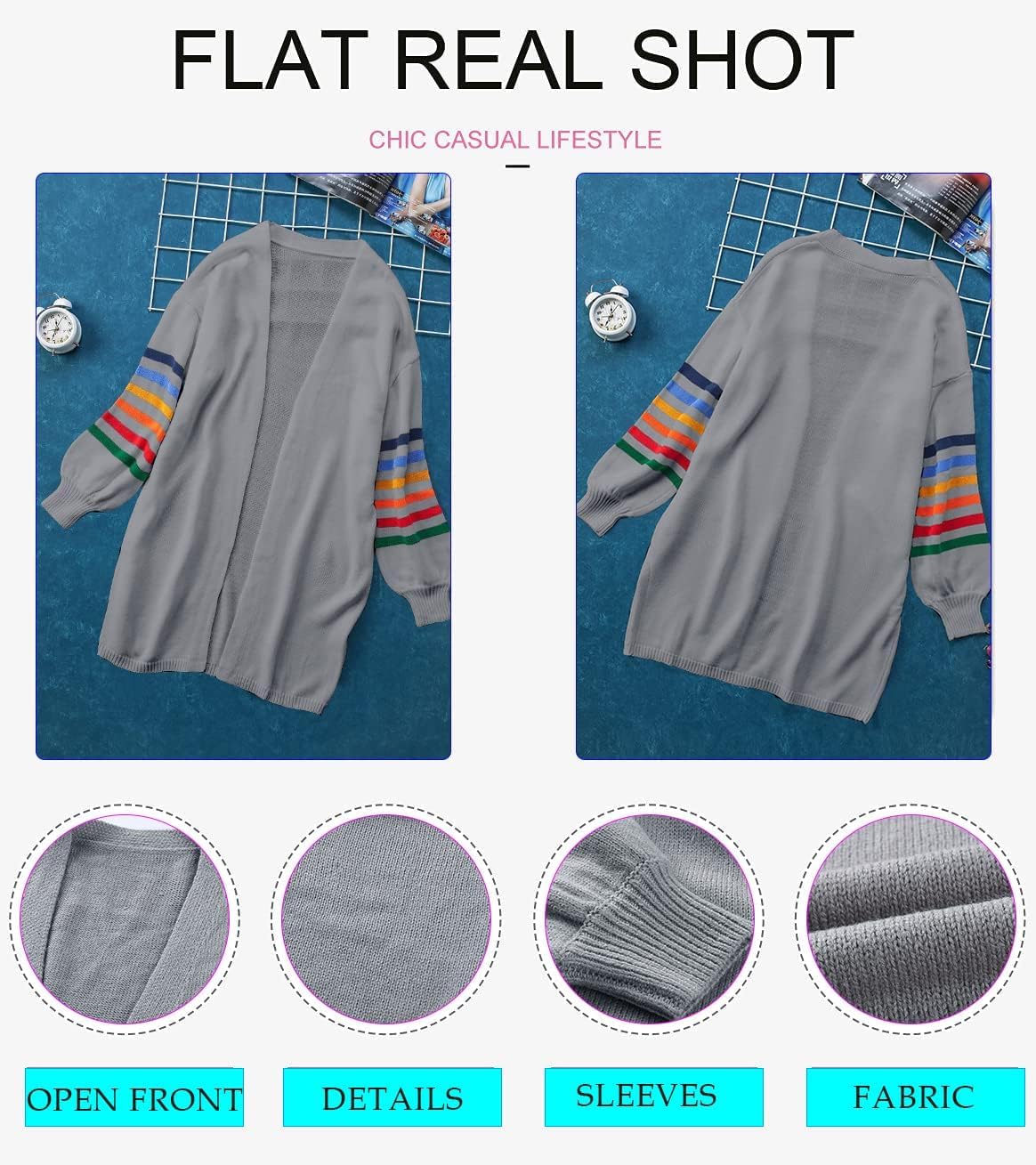 Detalle de AlvaQ Women’s Longline Open-Front Rainbow Striped Cardigan (S–XXL) – Lightweight Knit Coat Jacket