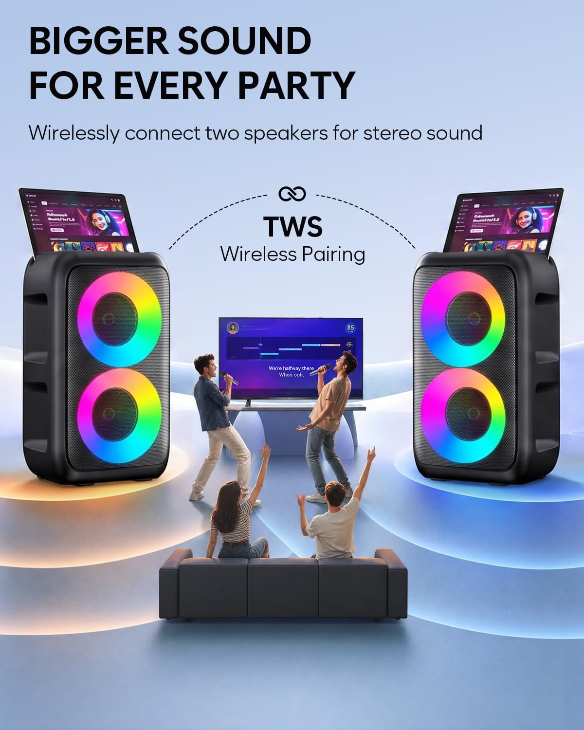 Detalle de HEEBUKE Karaoke Maschine mit 2 kabellosen Mikrofonen – Tragbarer Bluetooth Lautsprecher 2x10W