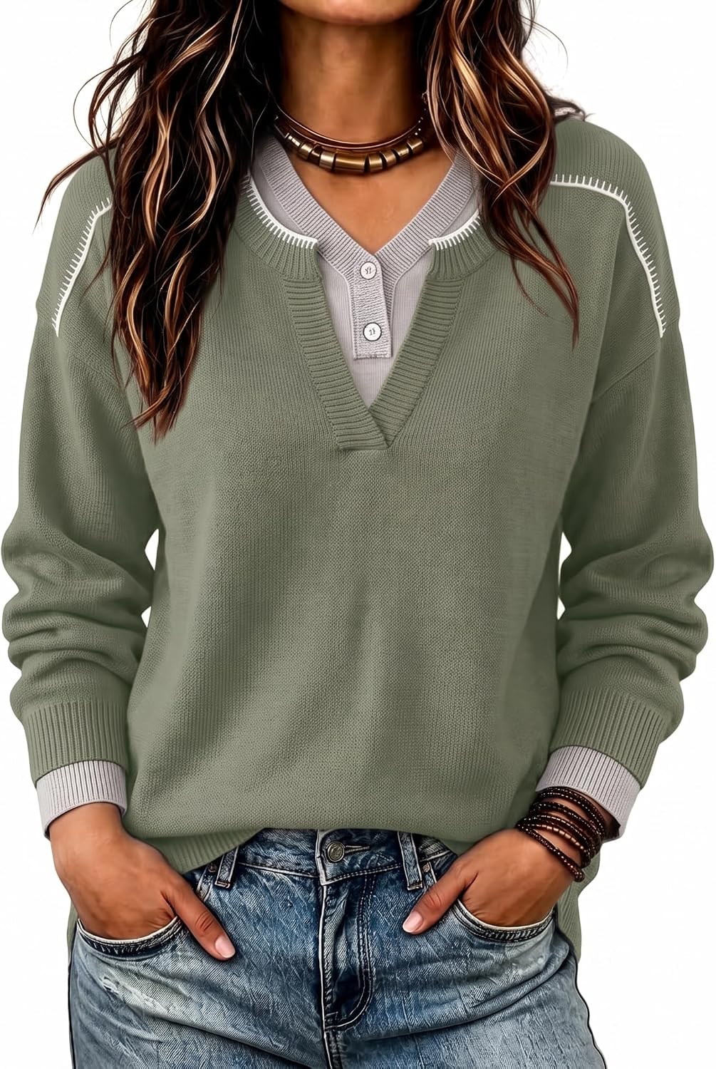 Detalle de Women's Henley Pullover Sweater, Viscose Blend