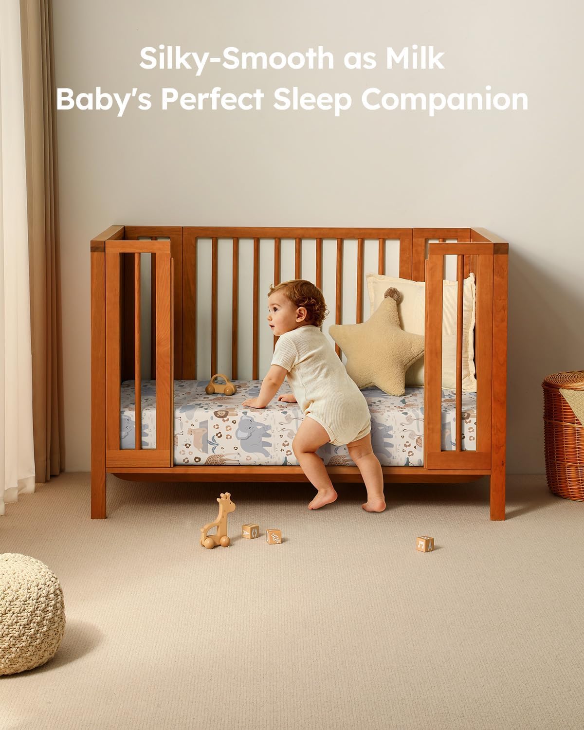 Thumbnail 6 de Unnivoll Cot Bed Sheets 140 x 70 cm – Fitted, 3-Pack, Super Soft & Breathable (Apricot, Green, Gray Elephant)