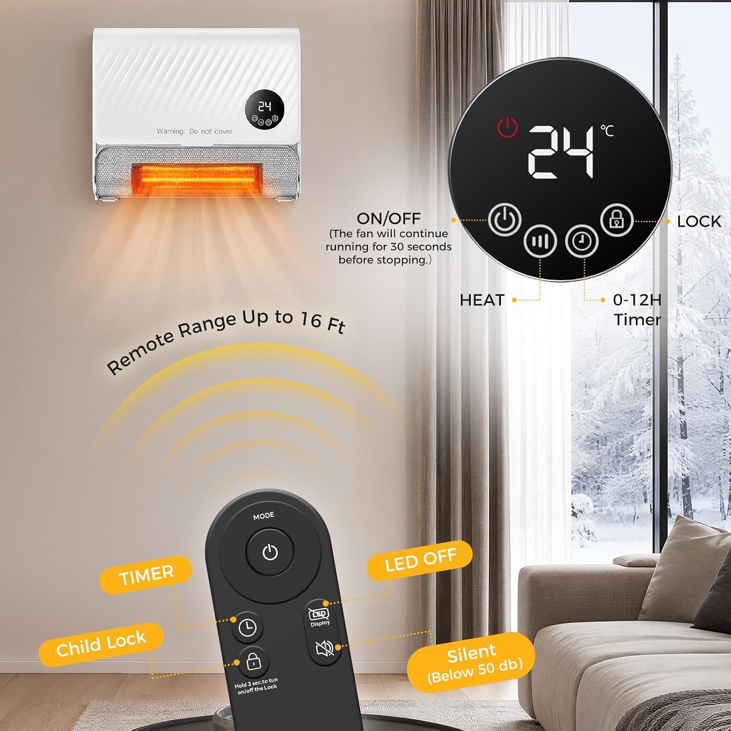 Detalle de NEWBULIG 1500W Wall Space Heater with Remote, Timer and Dual Installation