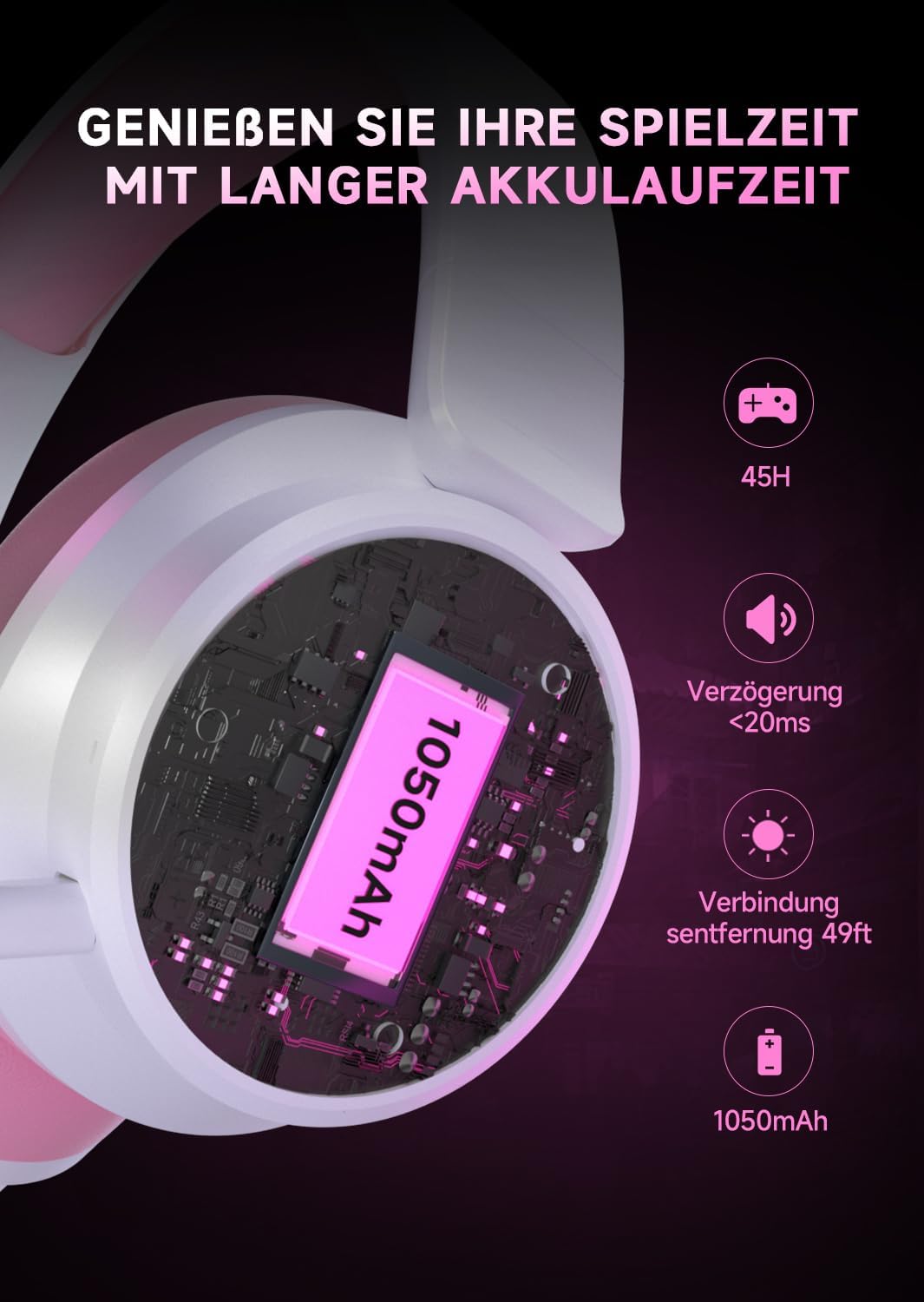 Detalle de Captain 200: Drahtloses Gaming-Headset mit Noise Cancelling, 3D-Surround-Sound und 45+
