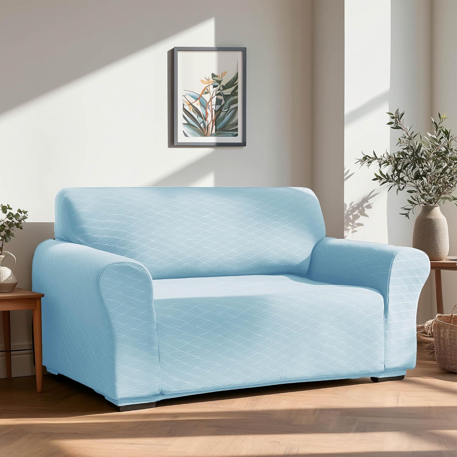 Detalle de Deconovo Copridivano Elasticizzato 4 Posti con Braccioli – Azzurro, Antigraffio e Lavabile