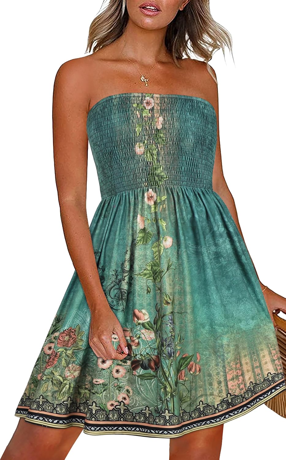 Detalle de CHICGAL Strapless Boho Floral Beach Cover-Up Sundress for Women