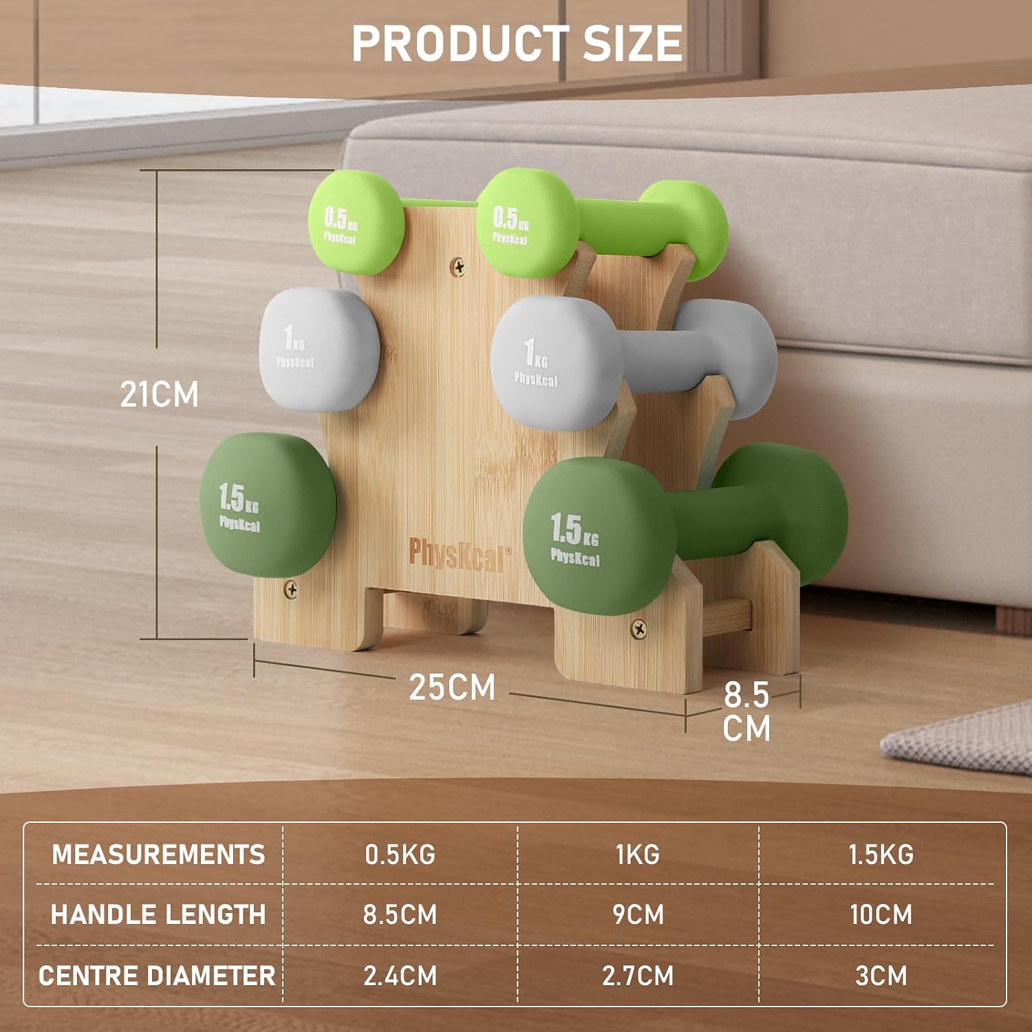 Detalle de PhysKcal Kurzhantel-Set mit Bambusständer – 6 kg Hanteln, ideal für Heimtraining