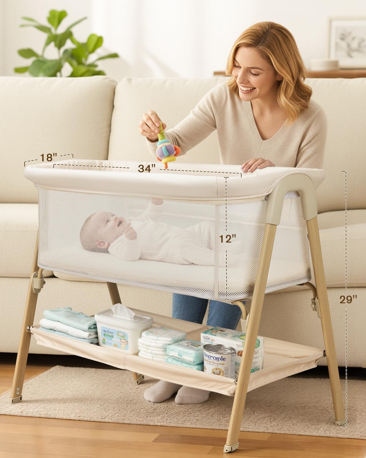 Detalle 2 de JevrJeur 662 Baby Bassinet, Beige Bedside Sleeper with Mesh Sides