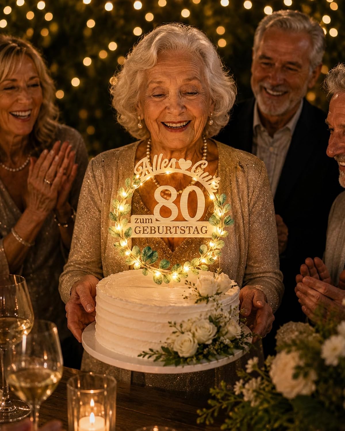 Detalle de Giftota Tortendeko 80 Geburtstag – Eleganter Holz-Cake Topper mit Eukalyptuskranz und LED-Lichterkette