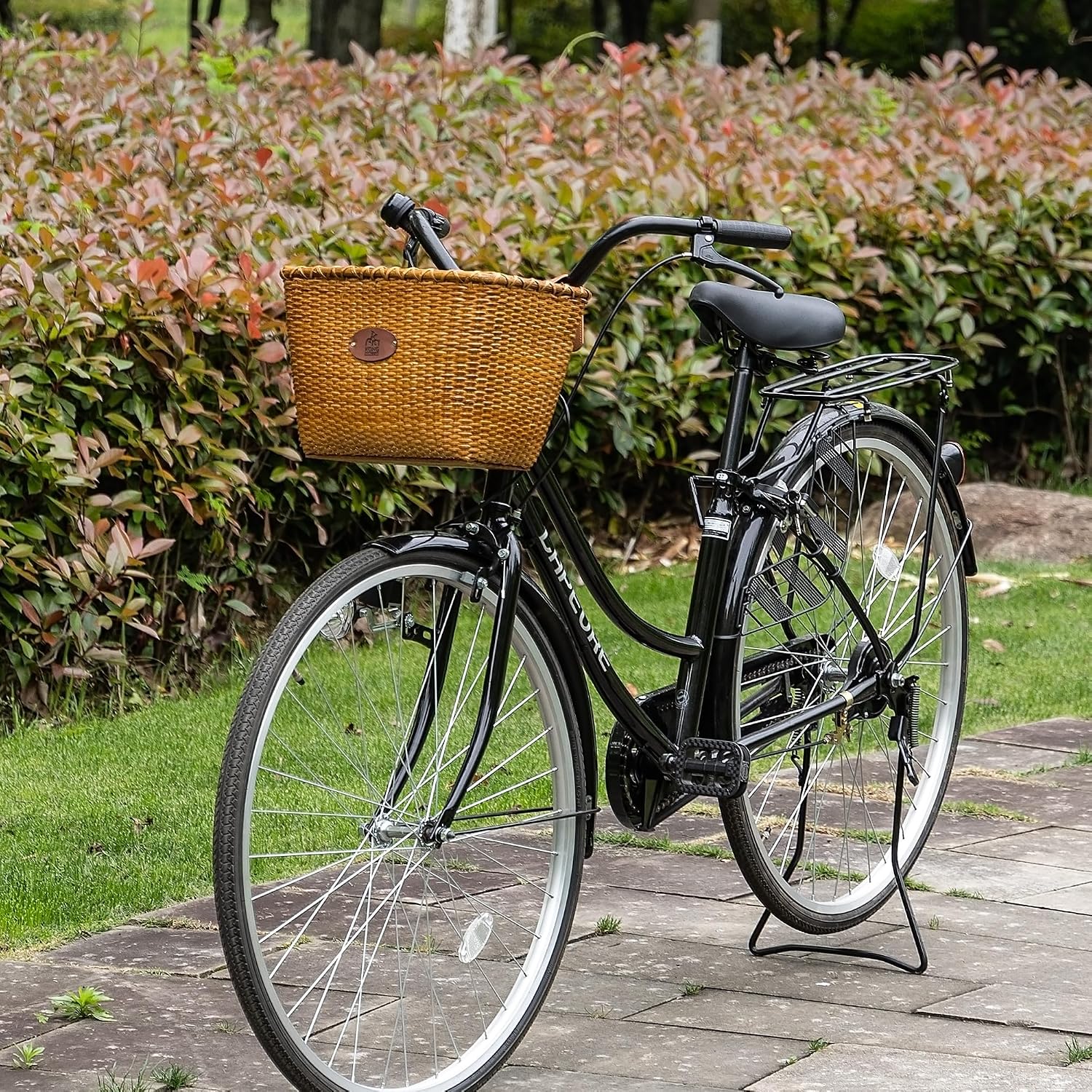Thumbnail 1 de KONG MING CAR rotan fietsmand voor het stuur met houten bodem en leren riemen