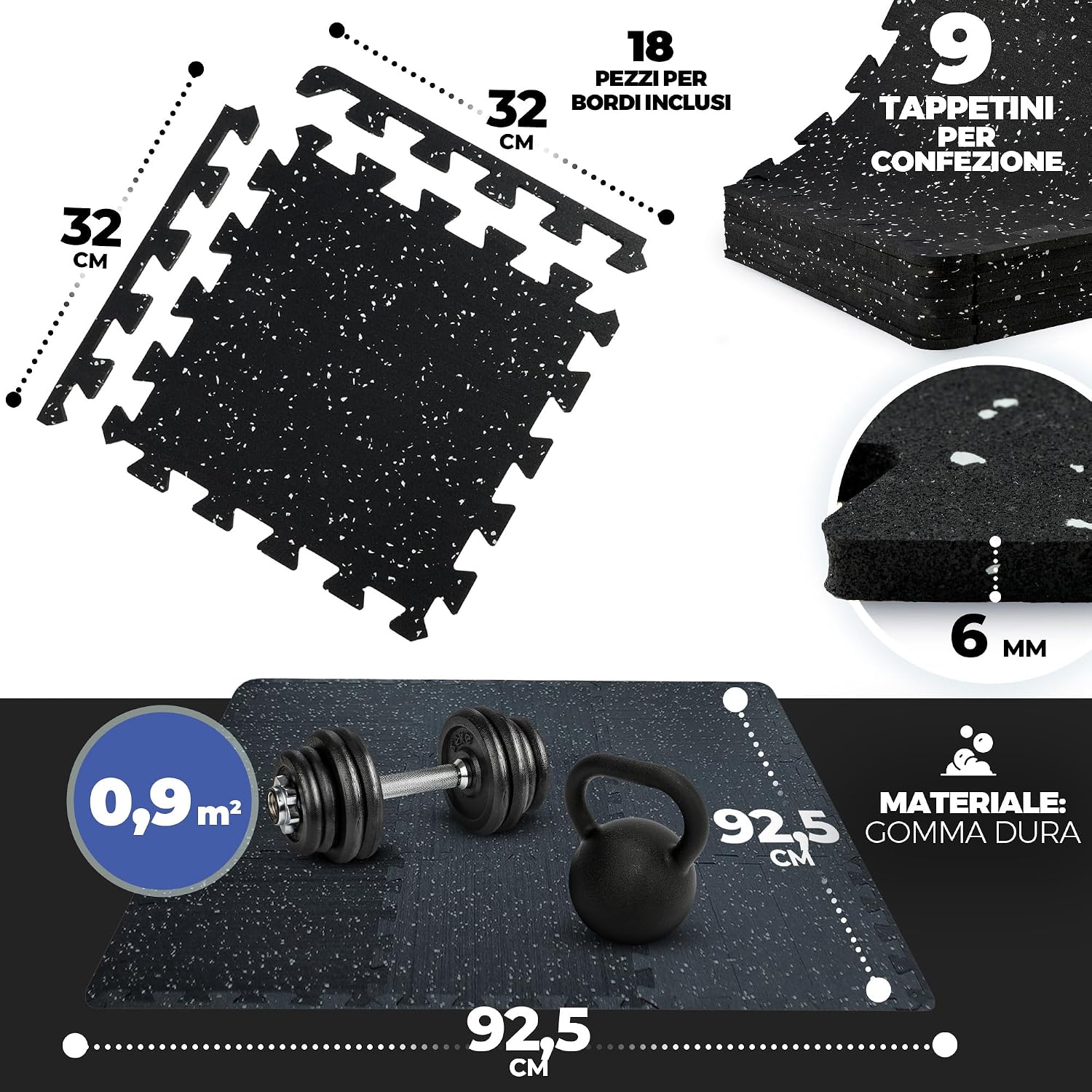 Detalle 2 de Tappeto Palestra Puzzle in Gomma Naturale: Tappetino Fitness da Ginnastica 9 Moduli 30x30x0,6 cm + Bordo, Pavimento Protettivo per Home Gym