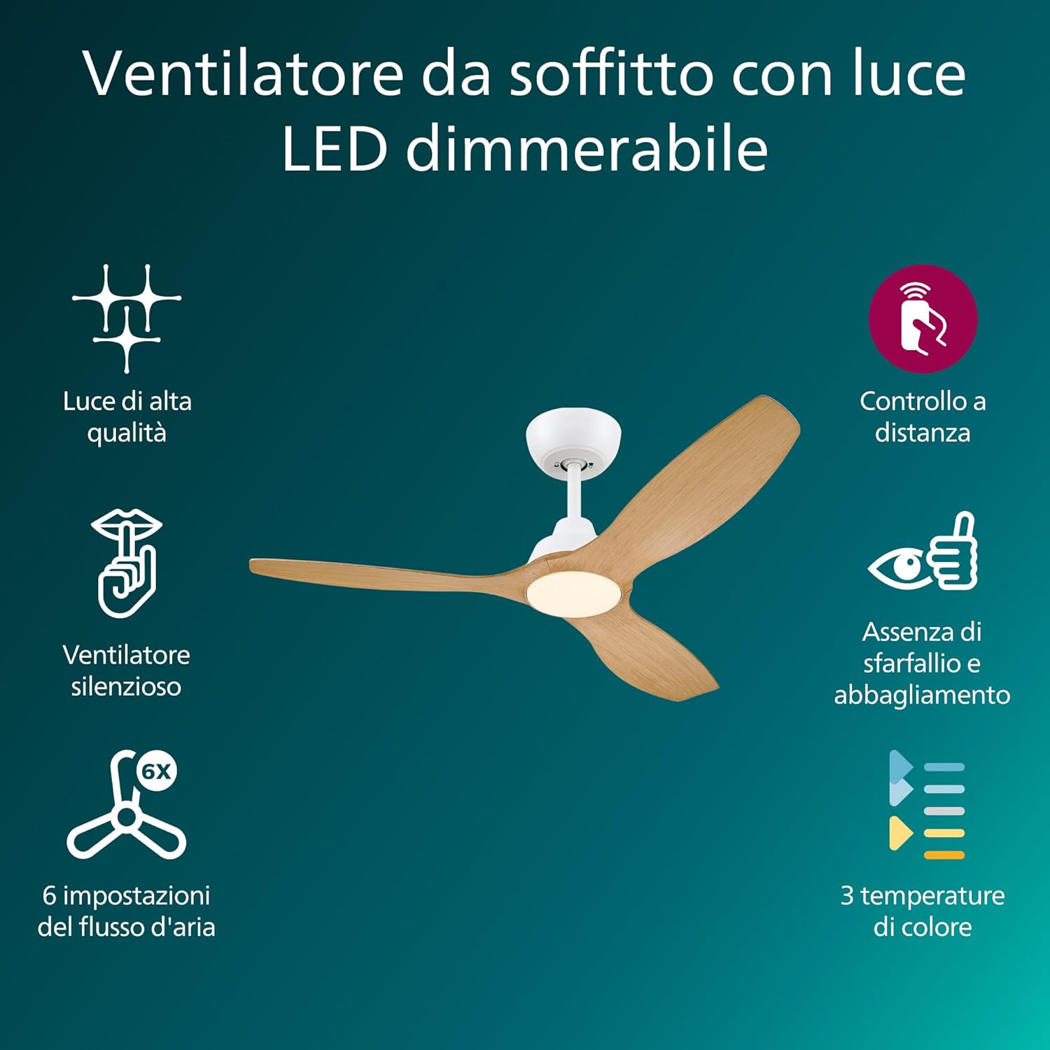 Detalle 2 de Philips Olas Fan ceiling 52” 132 cm 35W+24W White&Wood, ventilatore da soffitto con luce e comando