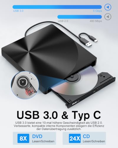 Thumbnail 3 de varkda Externes CD/DVD Laufwerk USB 3.0 & USB-C Brenner – kompakter Allrounder für Laptop, PC & Mac