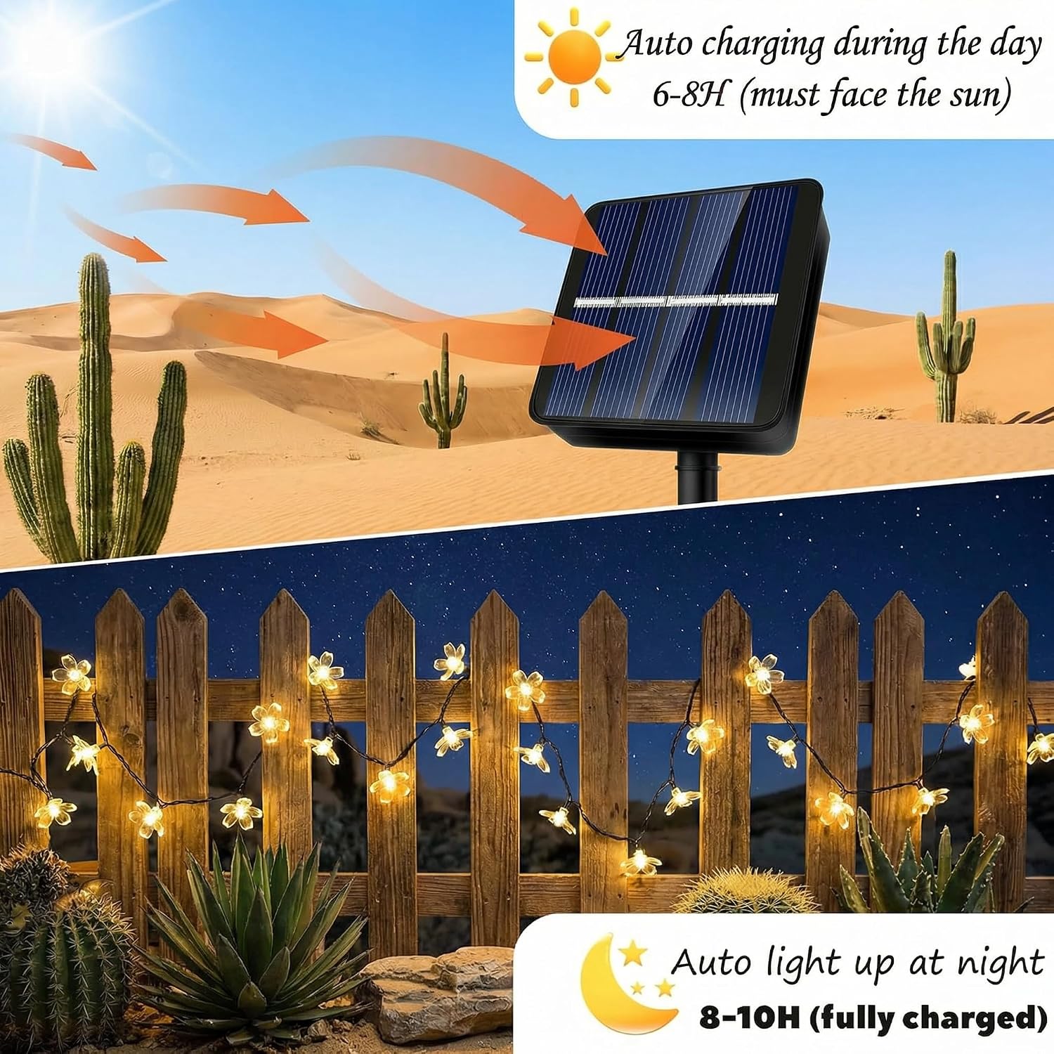 Detalle de BG9D guirnalda solar exterior de flores de cerezo, 11 m y 60 LED con 8 modos e IP44