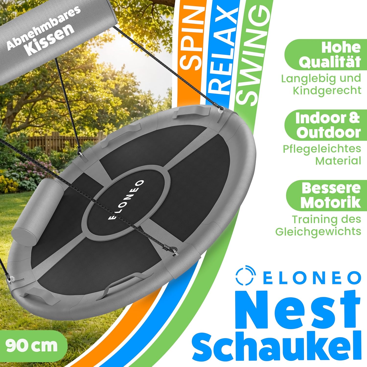 Detalle 2 de ELONEO Balançoire nid 90 cm – balançoire ronde à usage intérieur/extérieur, capacité jusqu’à 300 kg, coussin et kit d’accessoires