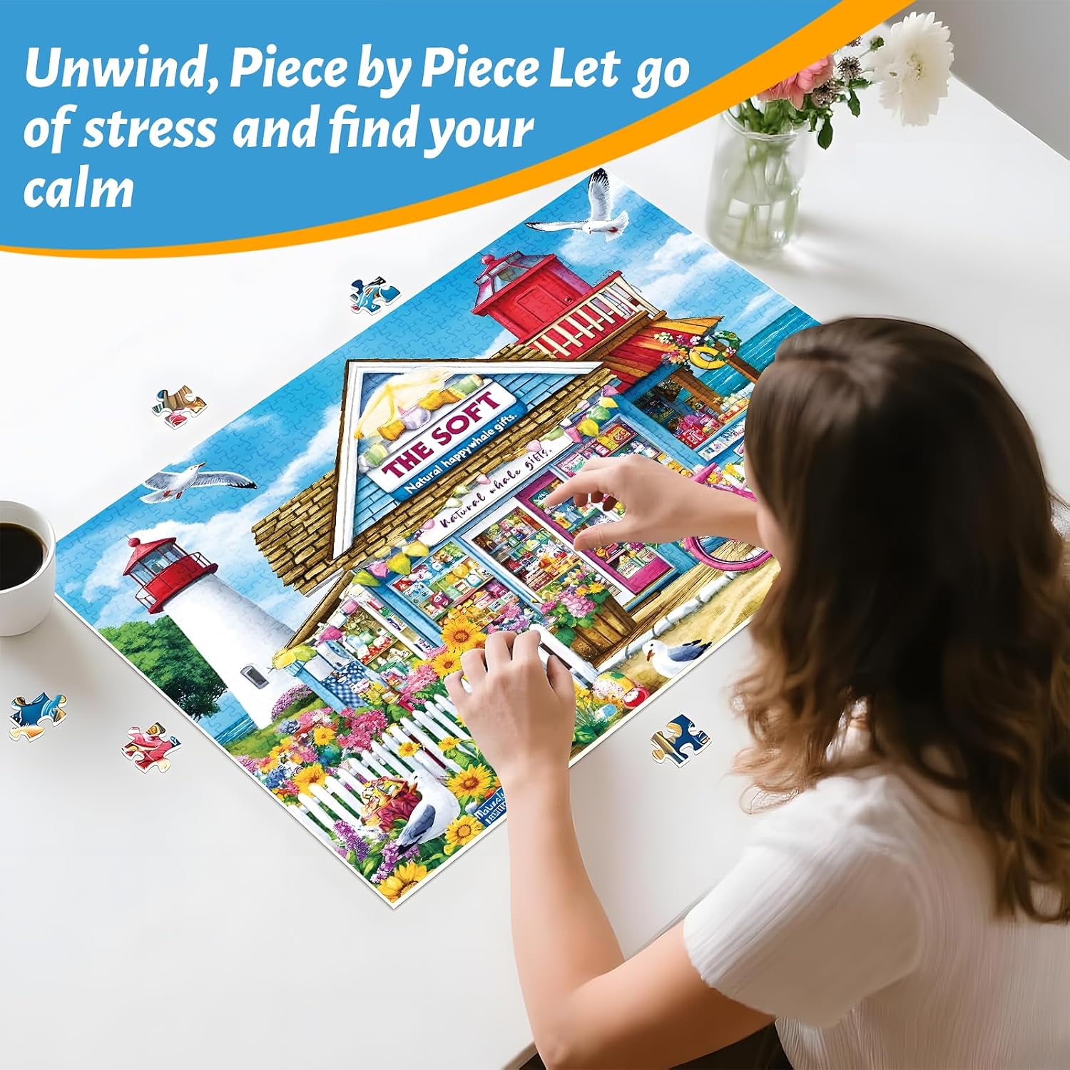 Detalle de 500 Piece Puzzle for Adults – Coastal Flowers and Ocean View Jigsaw Puzzle (20.5 x 15 in)