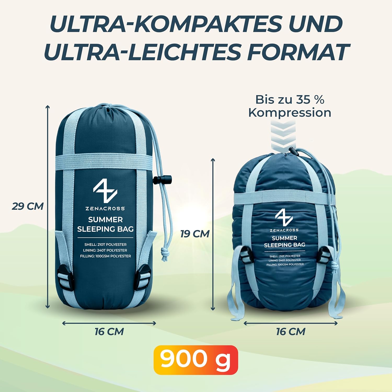 Detalle de Zenacross Schlafsack Erwachsene – Sommerschlafsack ultraleicht (900 g), kompaktes Packmaß 15×30 cm