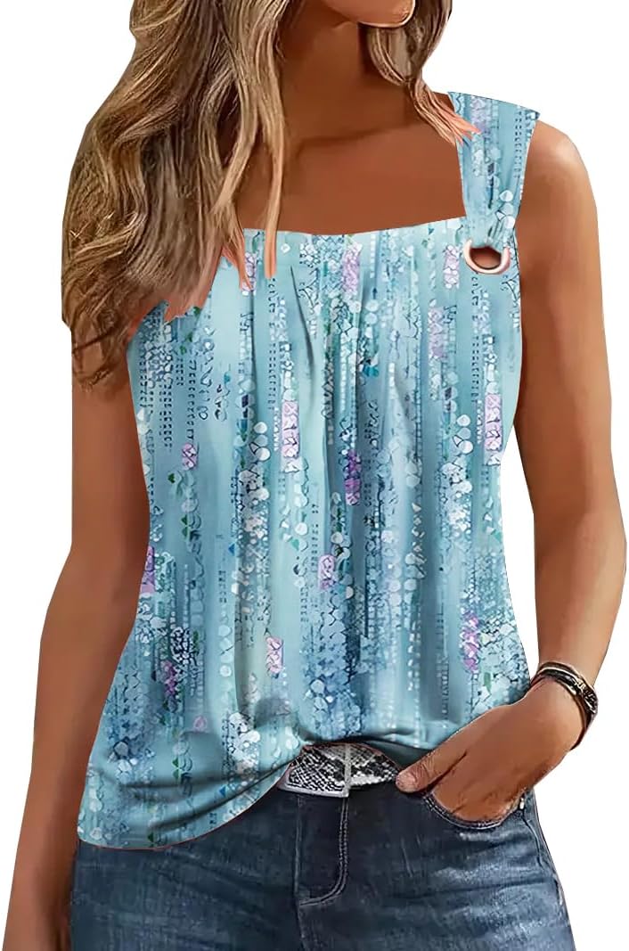 Thumbnail 4 de SAUKOLE Summer Pleated Square Neck Tank Tops with O-Ring Shoulder Detail