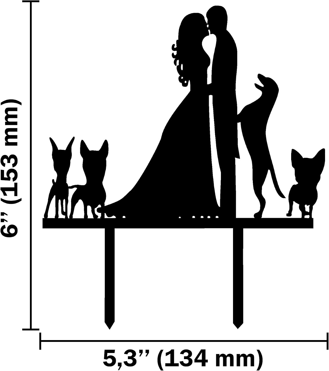 Thumbnail 1 de CARISPIBET Wedding Cake Topper: Bride and Groom Kiss with Four Dogs in Acrylic Silhouette