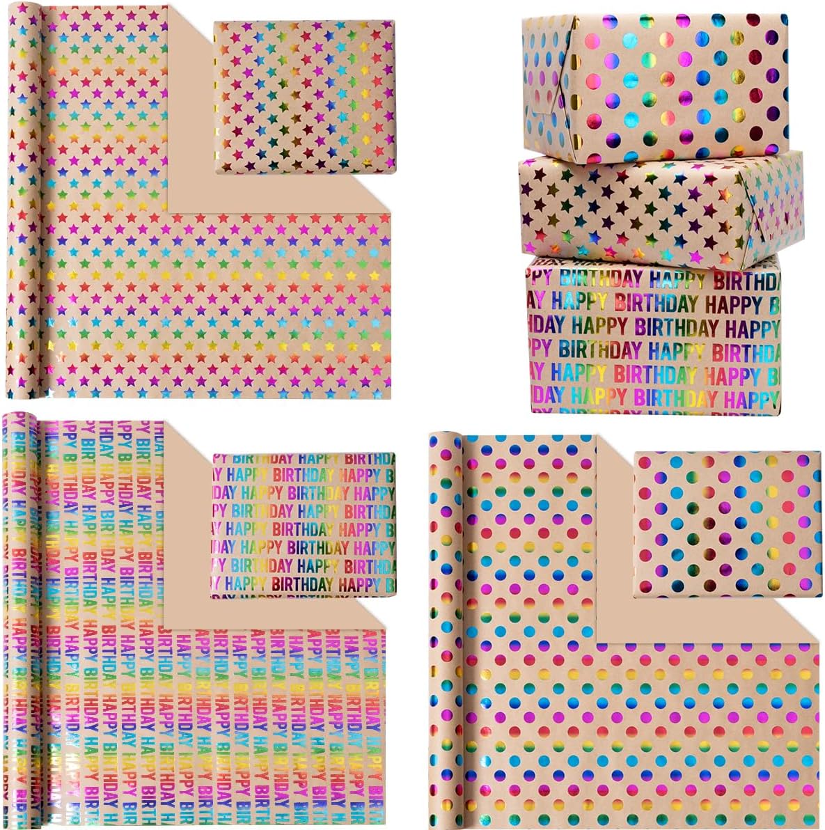 Detalle de 3 Rolls Birthday Gift Wrapping Paper | Kraft, 43cm x 3m each, 3 designs (Dots, Star, HAPPY BIRTHDAY)