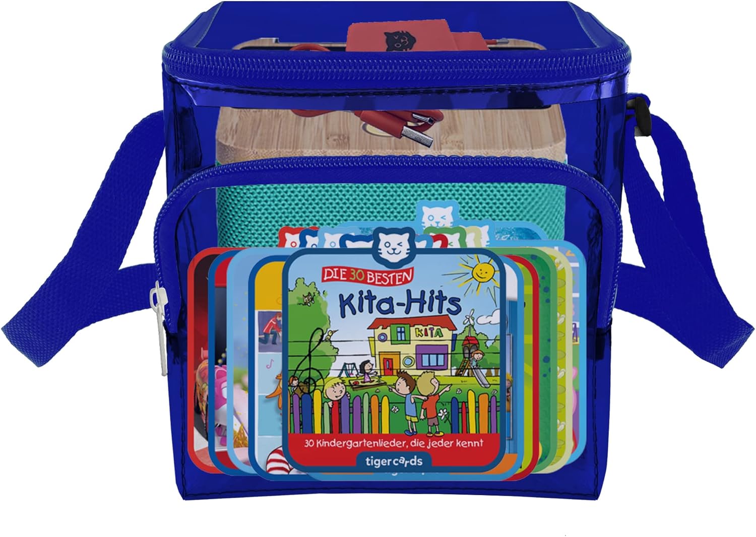 Detalle de Clear Storage Display Bag for Toniebox and Characters (Blue) — Versatile, Transparent Storage with Dual Compartments