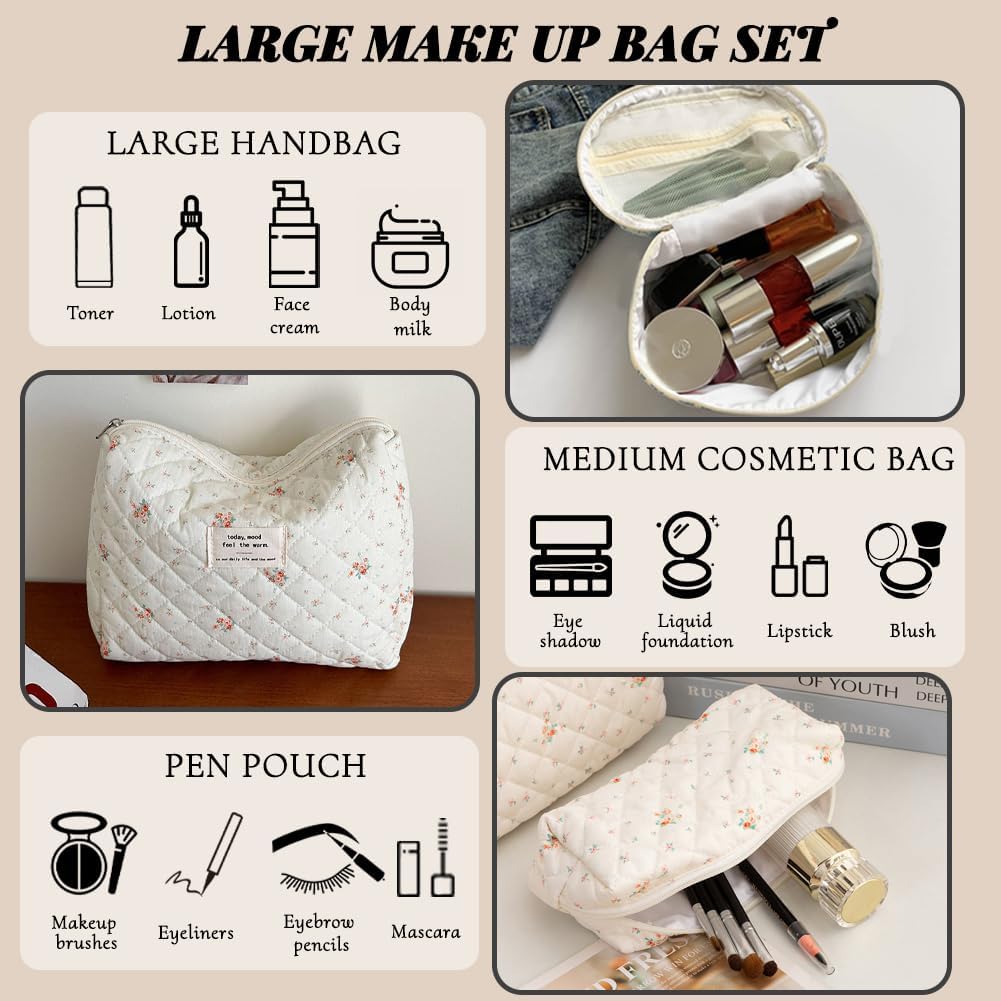 Detalle de Aucuu 3PCS Kosmetiktasche-Set mit Blumenmuster – gesteppt, Baumwollstoff, Reise-Organizer für Damen