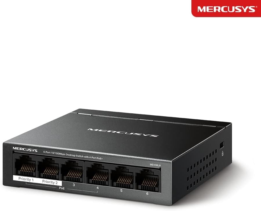 Detalle de MERCUSYS MS106LP 6-Port PoE+ Network Switch (4 PoE+ Ports) – 10/100 Mbps, Metal Case, Plug and Play
