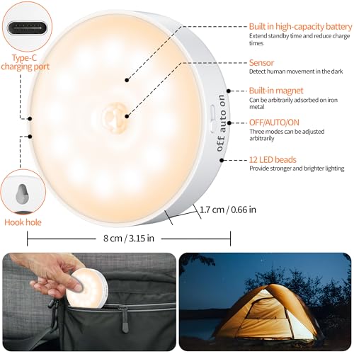 Detalle de Lot de 6 veilleuses LED avec détecteur de mouvement - daphomeu, 12 LEDs, 3 modes, USB rechargeable