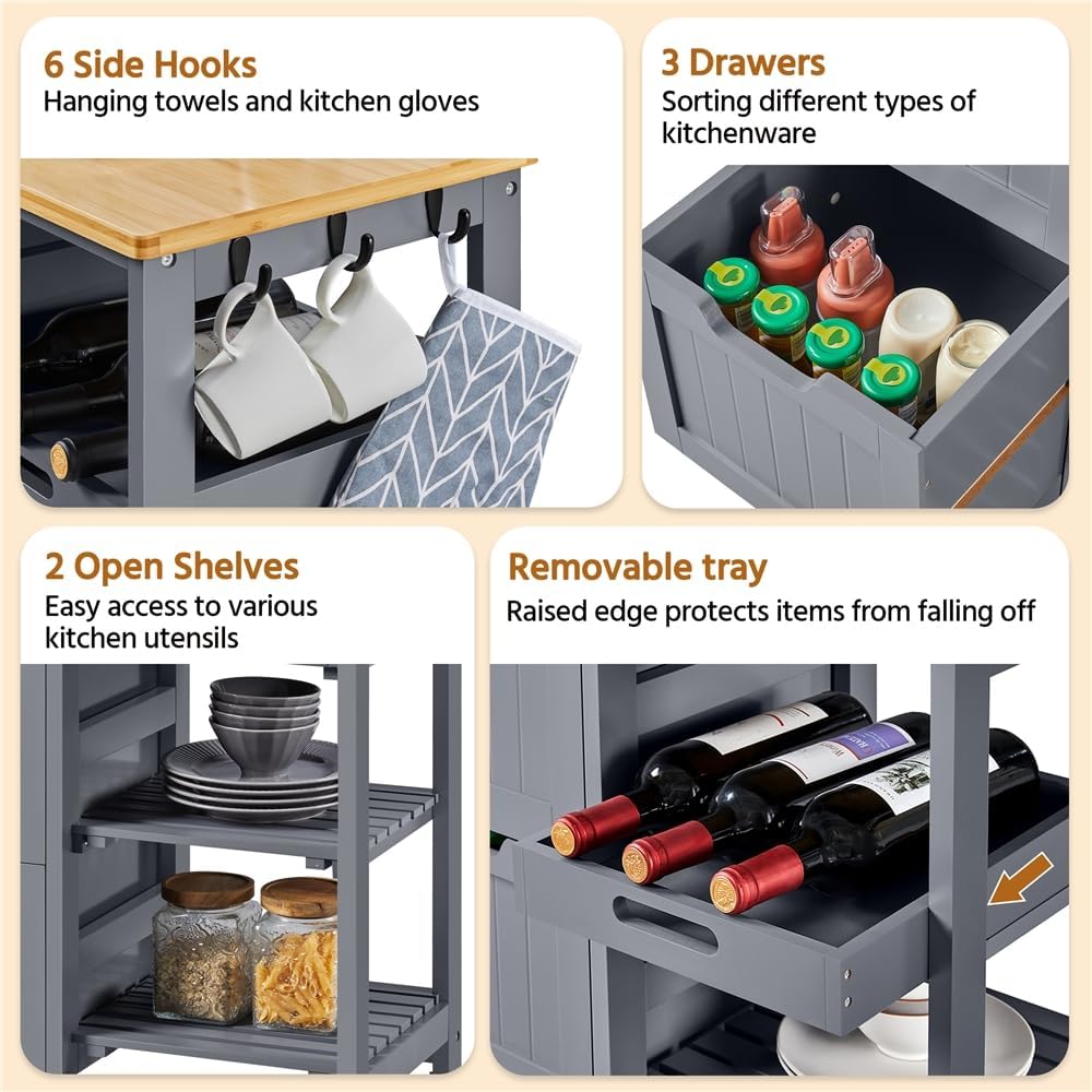 Detalle de Yaheetech Carrello Cucina 67x37x84,5 cm con Ruote e 3 Ripiani/3 Cassetti: versatile e salvaspazio