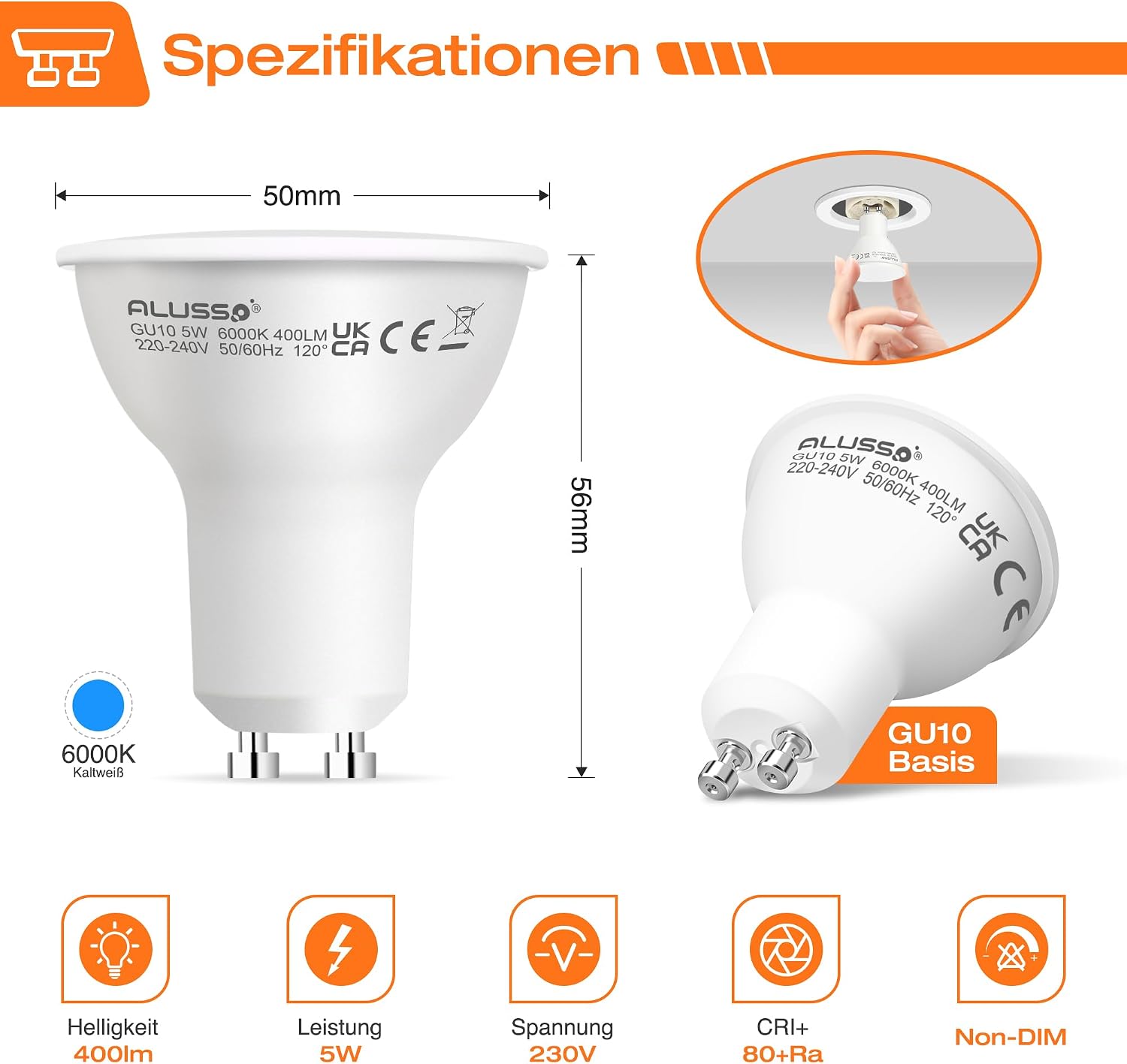 Detalle de ALUSSO GU10 LED Lampe, 5W, 6000K kaltweiß, 400 lm – 4er Pack