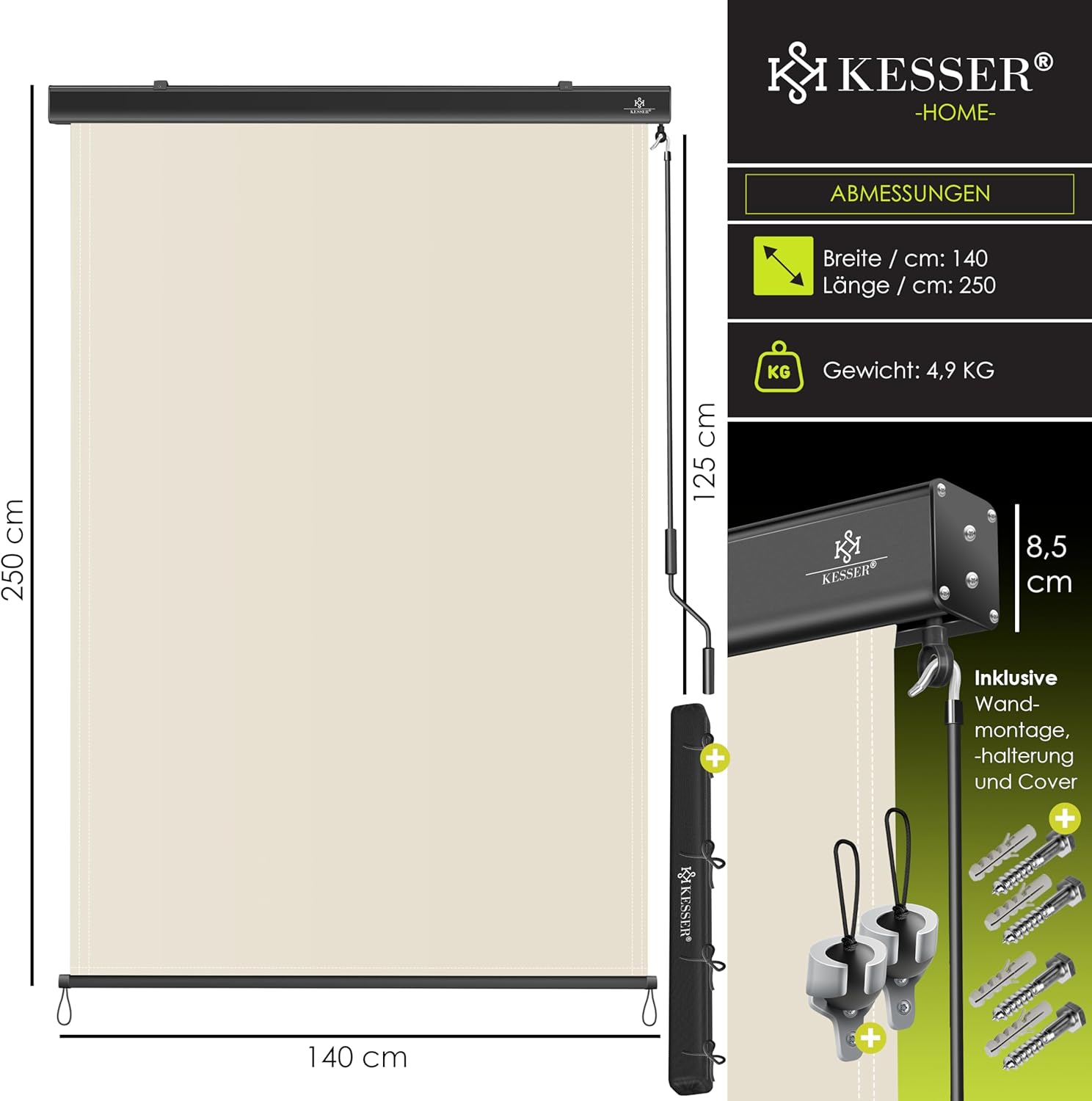 Thumbnail 6 de KESSER Senkrechtmarkise 140x250 cm – Außenrollo mit Handkurbel, inkl. Montageset & Abdeckung