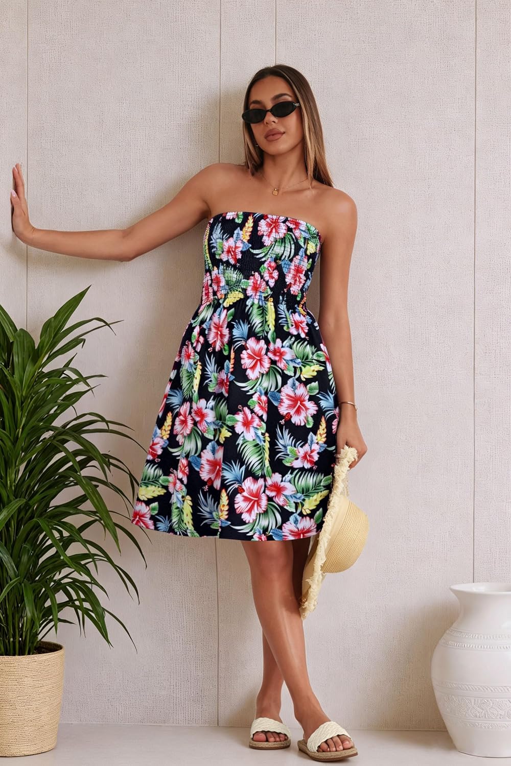 Detalle de CHICGAL Summer Dresses for Women Beach Cover Ups: Strapless Boho Floral Sundress