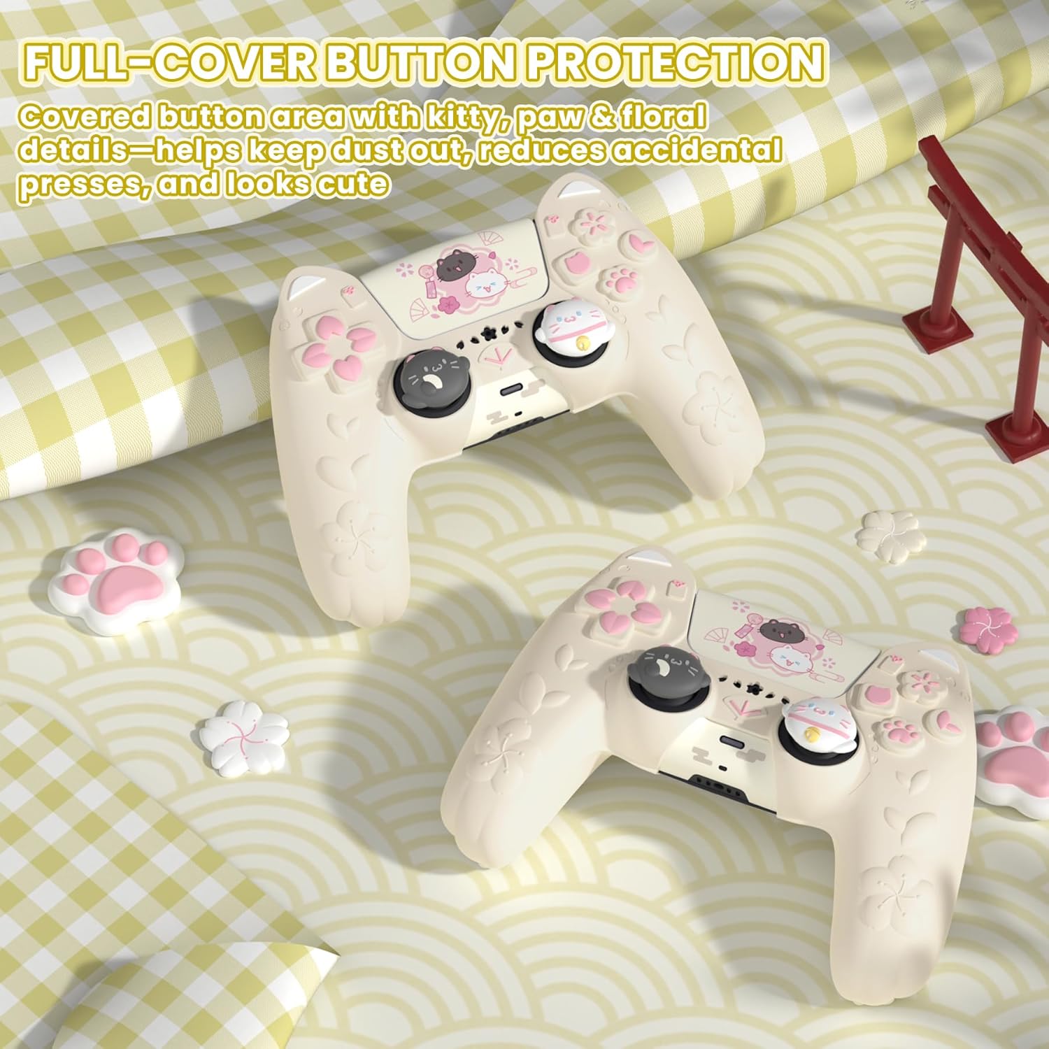 Thumbnail 4 de PlayVital Cherry Blossoms Kitten Anti-slip PS5 Controller Cover Skin